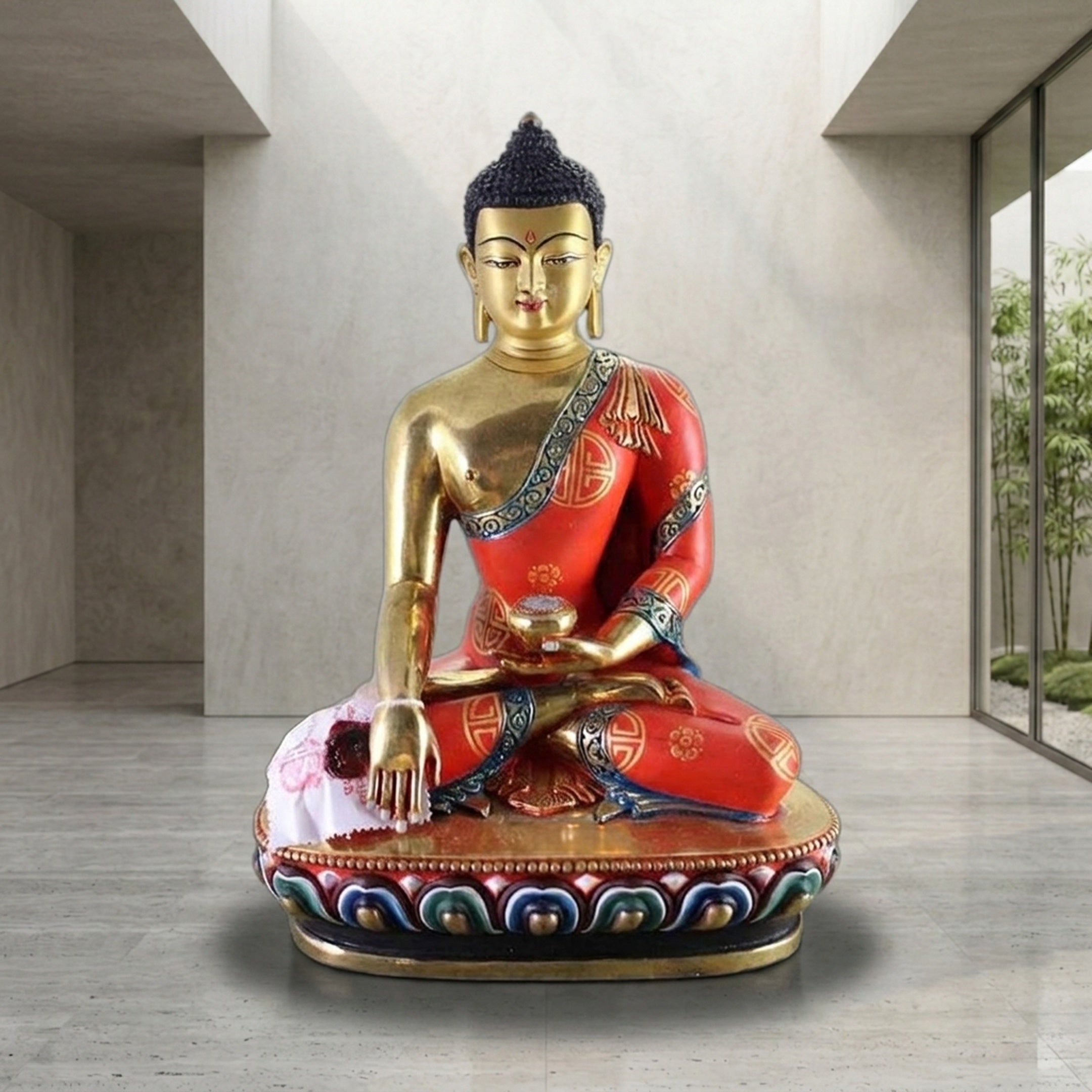 Life-Size Traditional Seated Tibetan Buddha Bronze Sculpture by Giant Sculptures in gilt gold with red polychrome robes on a lotus throne in a stone interior.