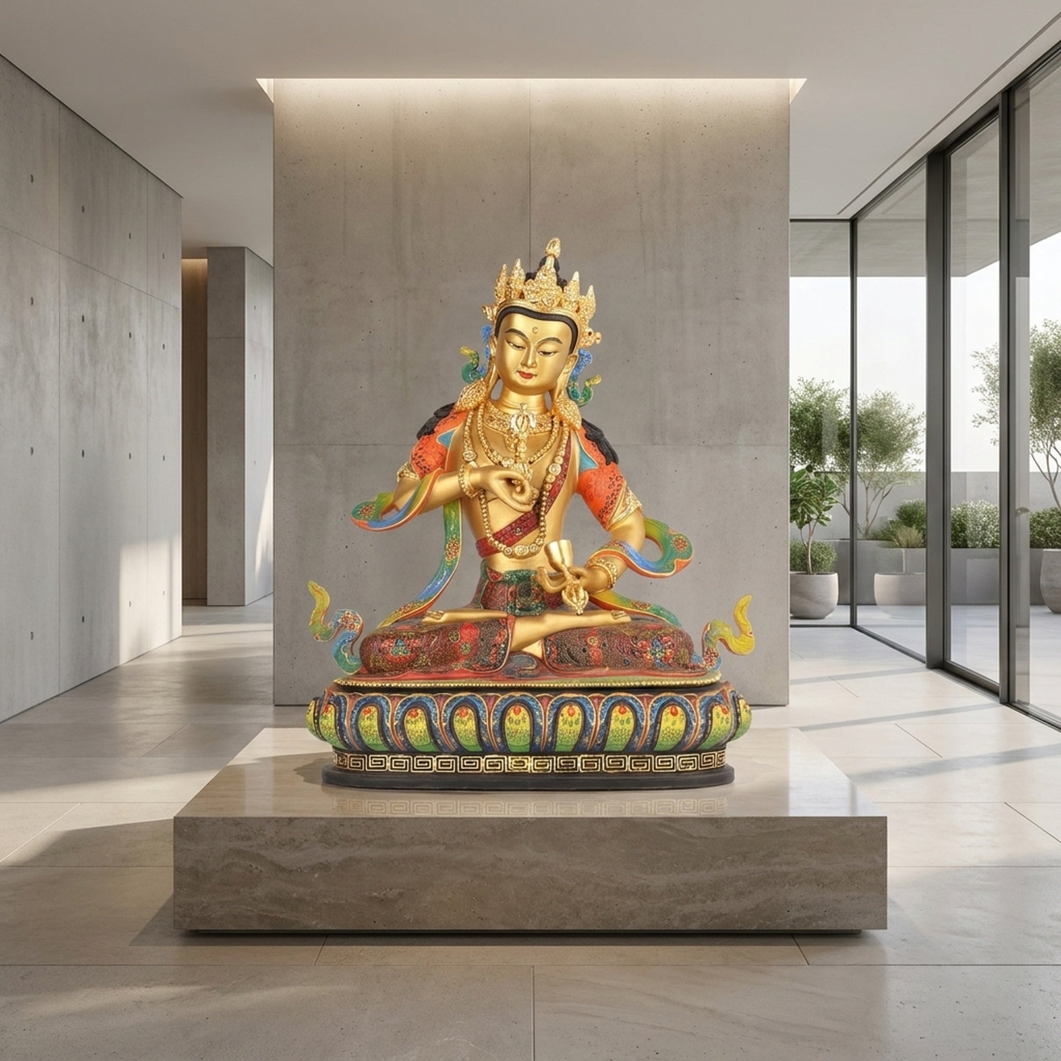 Giant Sculptures Life-Size Seated Vajrasattva Bodhisattva Bronze Statue in gold with polychrome enamel on a lotus pedestal in a concrete-walled modern foyer.