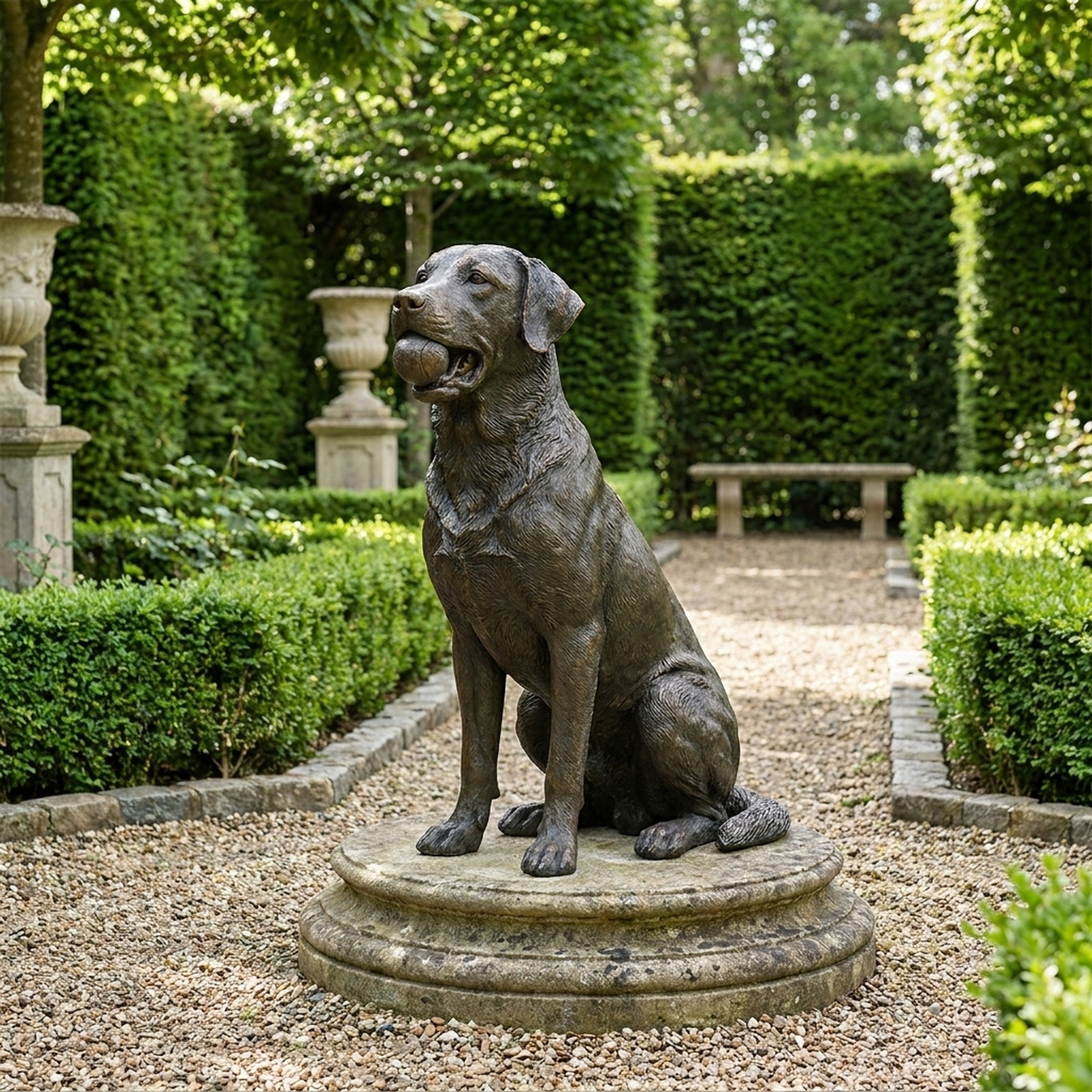 Life-Size Traditional Sitting Labrador Bronze Sculpture by Giant Sculptures holding a ball, displayed on a round stone base in a hedged gravel garden path.