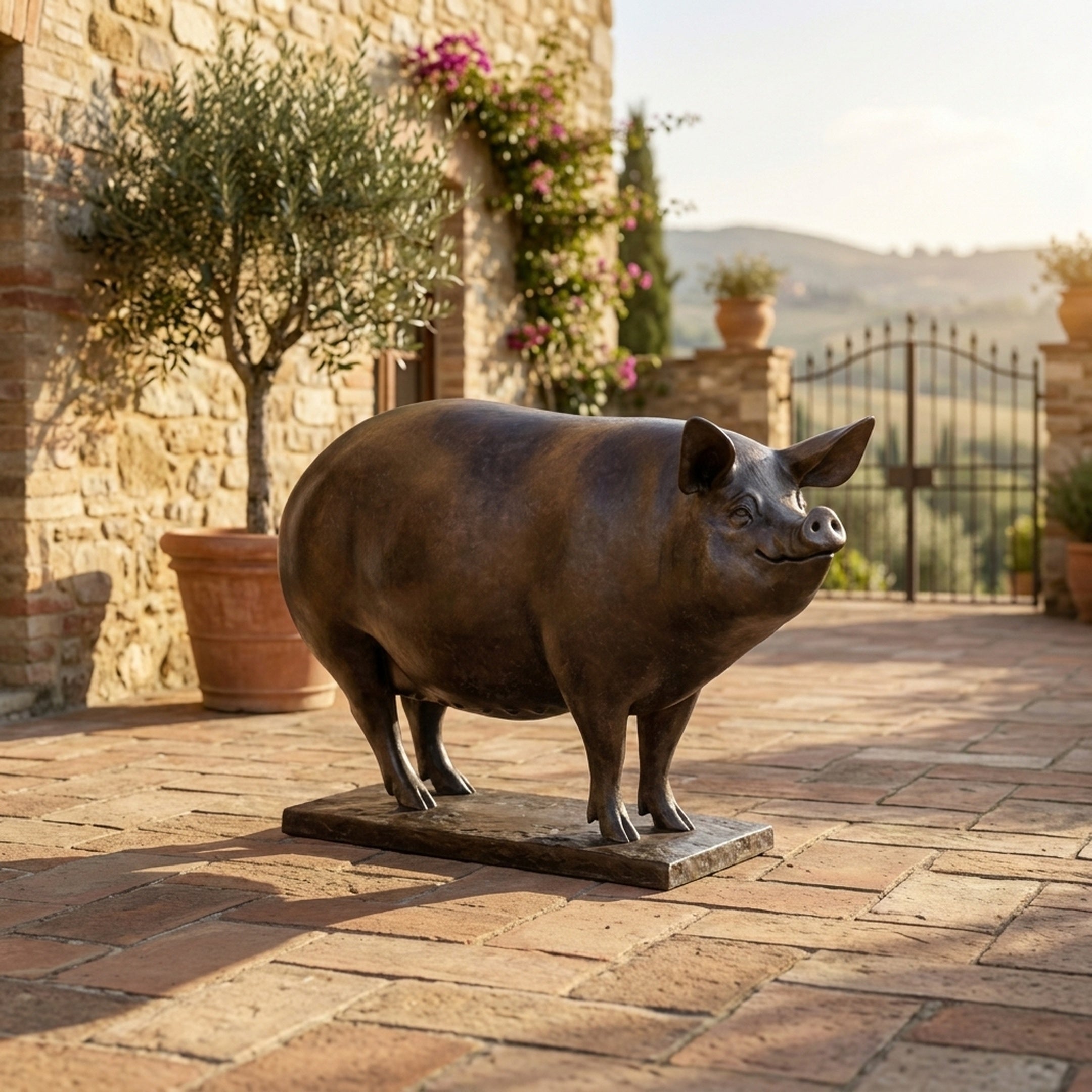 Life-Size Traditional Sow Bronze Sculpture by Giant Sculptures, 120cm, shown in side profile on a Tuscan stone courtyard with olive tree and rolling hills.