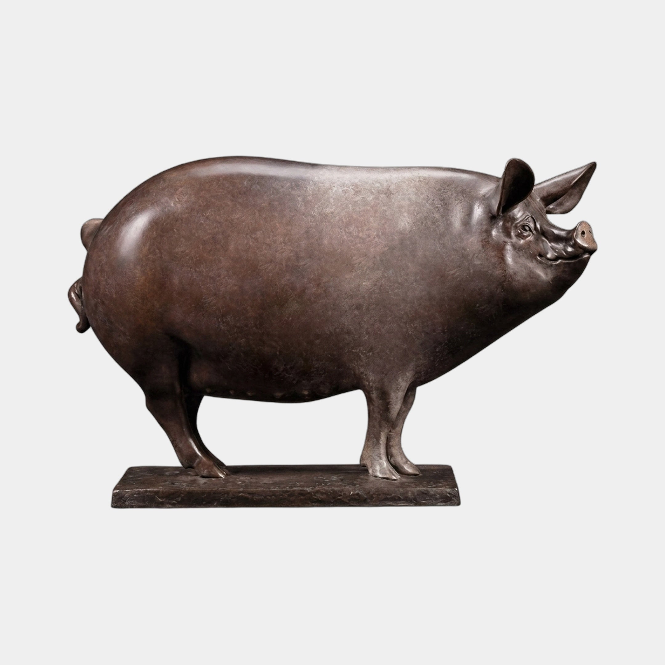 Life-Size Traditional Sow Bronze Sculpture by Giant Sculptures, side view of a full-bodied pig with raised head and warm reddish-brown patina, on a plain background.