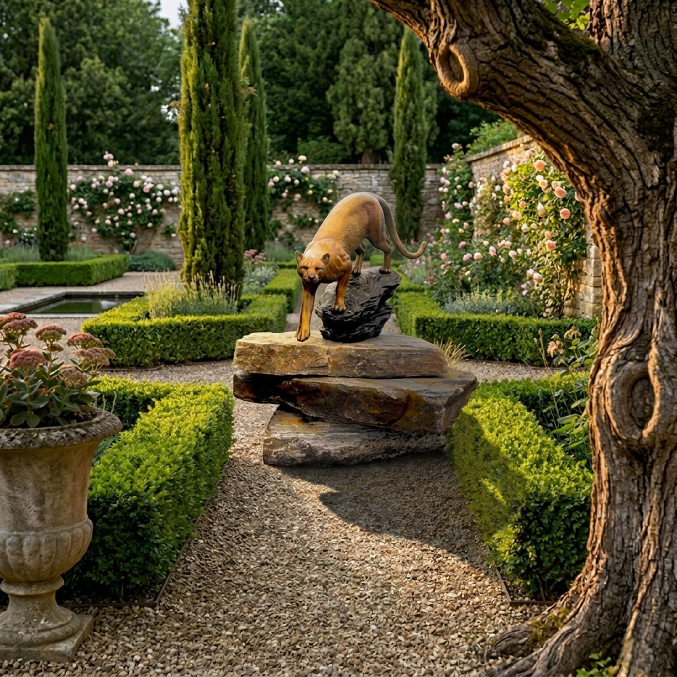 Life-Size Traditional Stalking Cougar Bronze Sculpture by Giant Sculptures, warm golden-brown patina, descending a rocky ledge in a formal cypress garden.