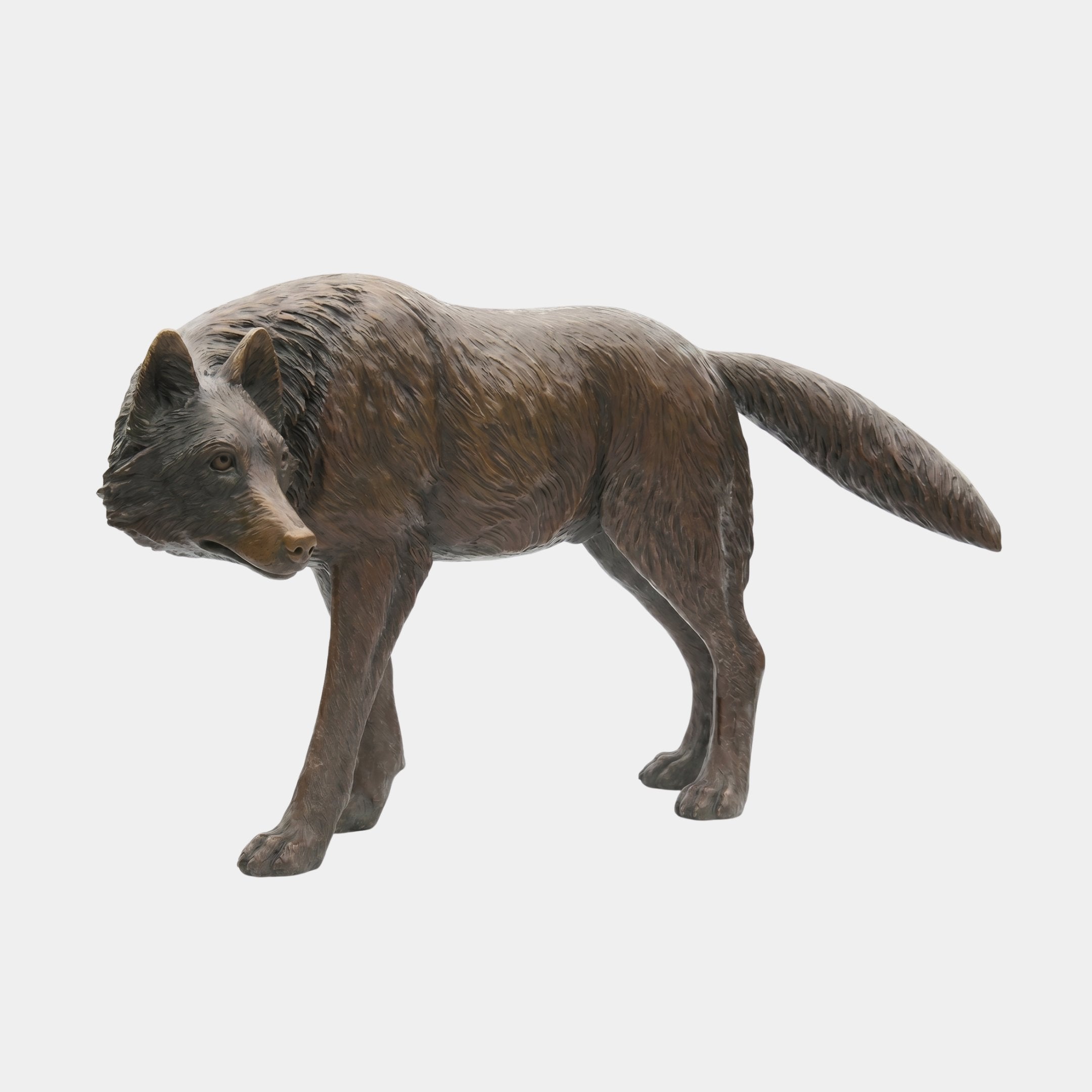 Life-Size Traditional Stalking Wolf Bronze Sculpture by Giant Sculptures in antique brown patina, shown mid-prowl with head lowered and tail raised, on a plain background.