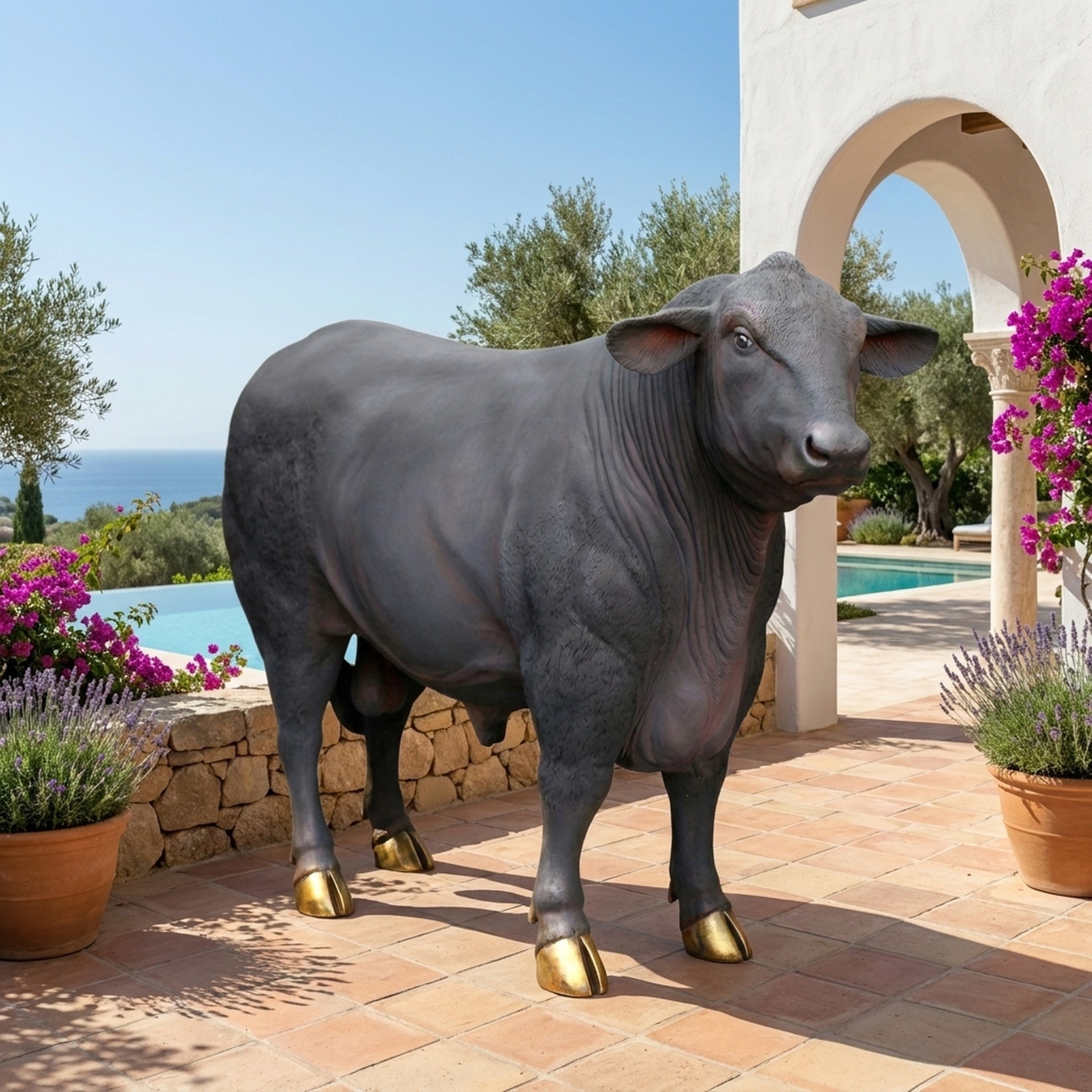 Life-Size Traditional Standing Bull Bronze Sculpture by Giant Sculptures with dark patina and gold hooves, displayed on a terracotta poolside terrace.