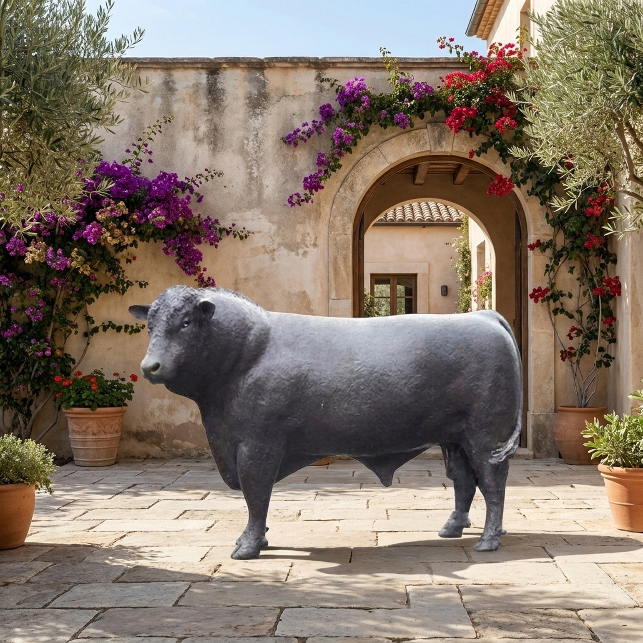 Life-Size Traditional Standing Bull Bronze Sculpture by Giant Sculptures in dark patina, shown side-on in a Mediterranean courtyard with bougainvillea framing an arched doorway.