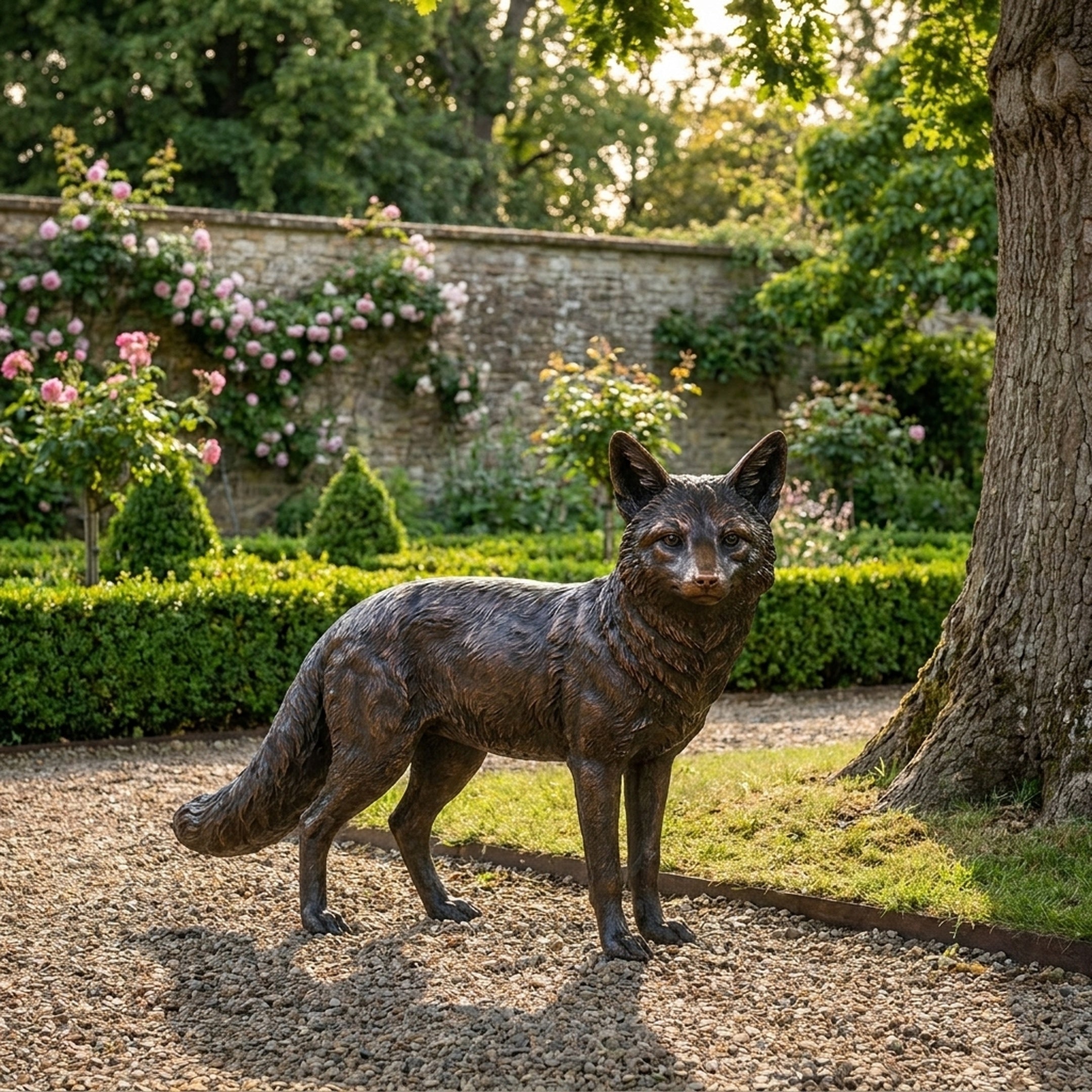 Life-Size Traditional Standing Fox Bronze Sculpture by Giant Sculptures, 100cm, shown on garden gravel beside a tree with roses and stone wall behind.