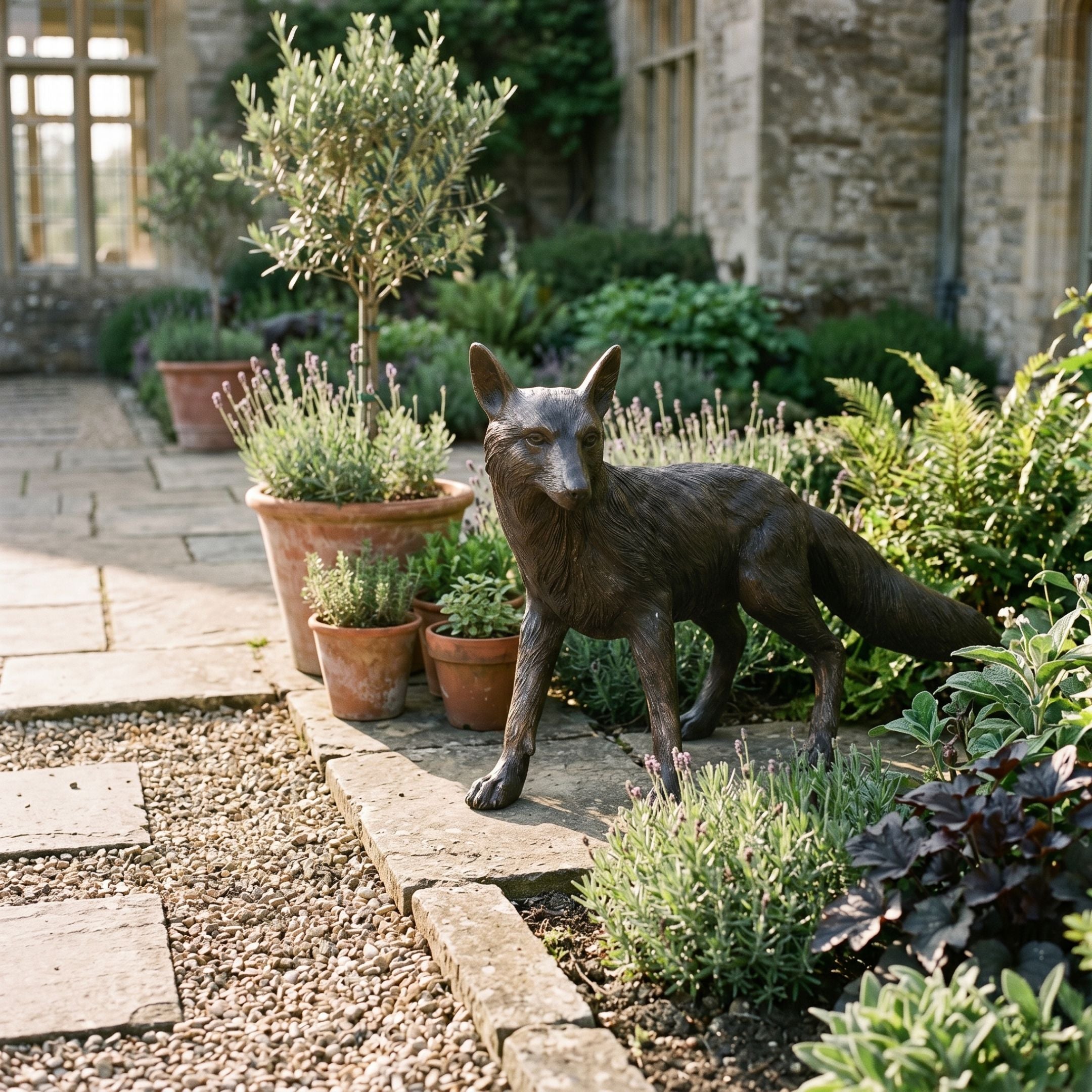 Life-Size Traditional Standing Fox Bronze Sculpture by Giant Sculptures with dark patina, displayed on a stone garden terrace beside lavender, potted herbs, and an olive tree.