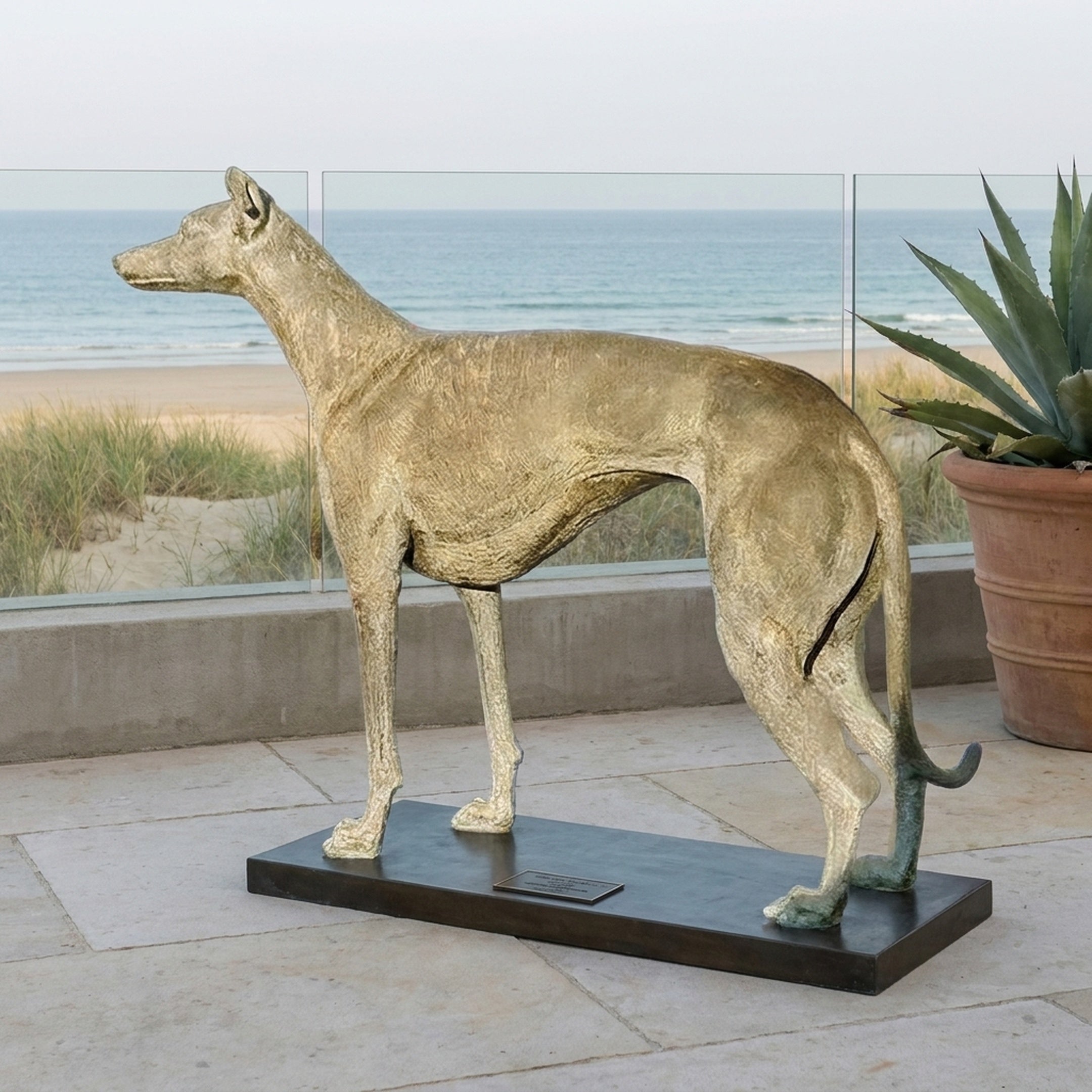 Life-Size Traditional Standing Greyhound Bronze Sculpture by Giant Sculptures in golden patina on a black plinth, displayed on a seaside terrace beside an agave.