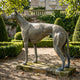 Life-Size Traditional Standing Greyhound Bronze Sculpture by Giant Sculptures, shown in side profile on a mossy stone plinth in a formal hedged garden.