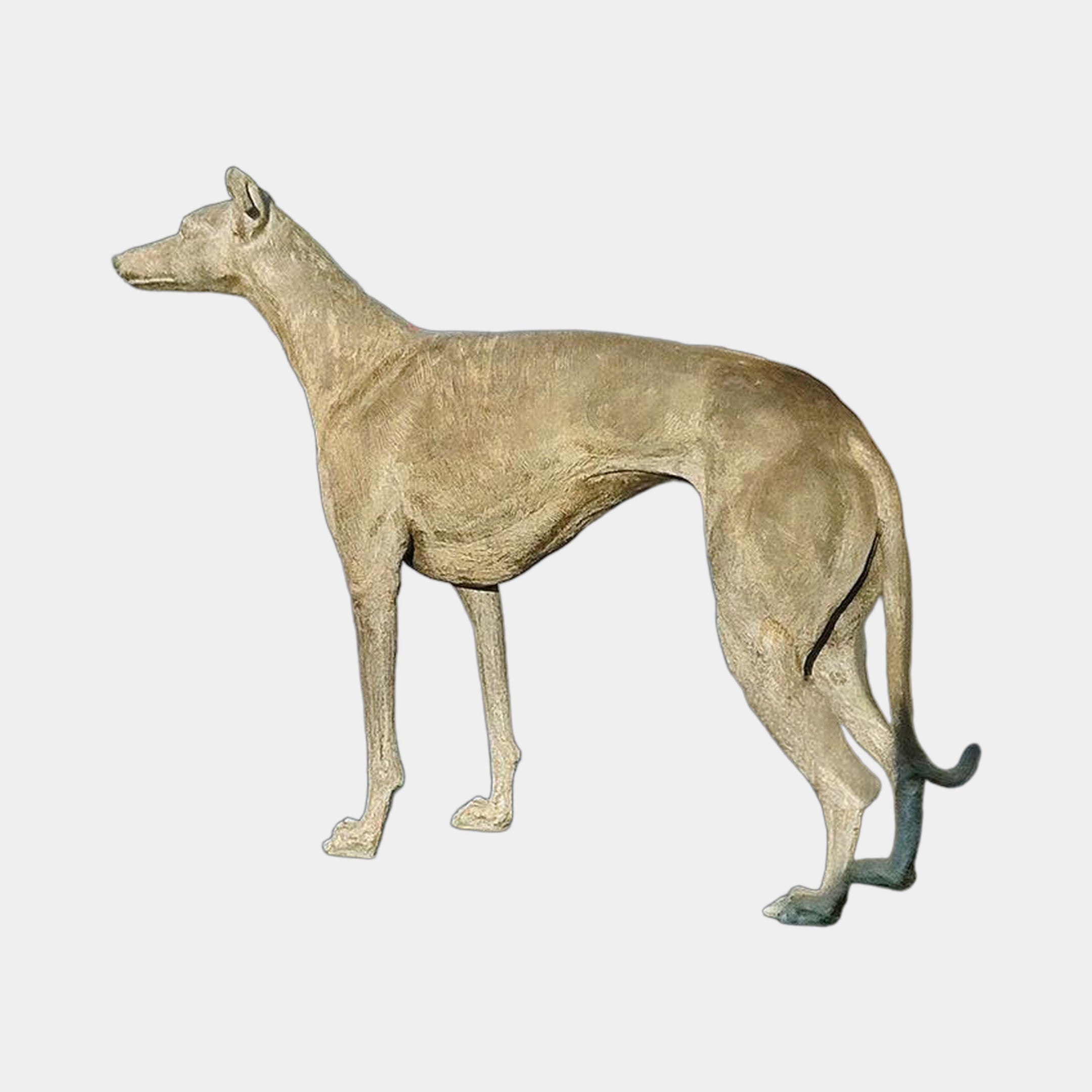 Life-Size Traditional Standing Greyhound Bronze Sculpture by Giant Sculptures shown in side profile with warm golden patina against a plain background.