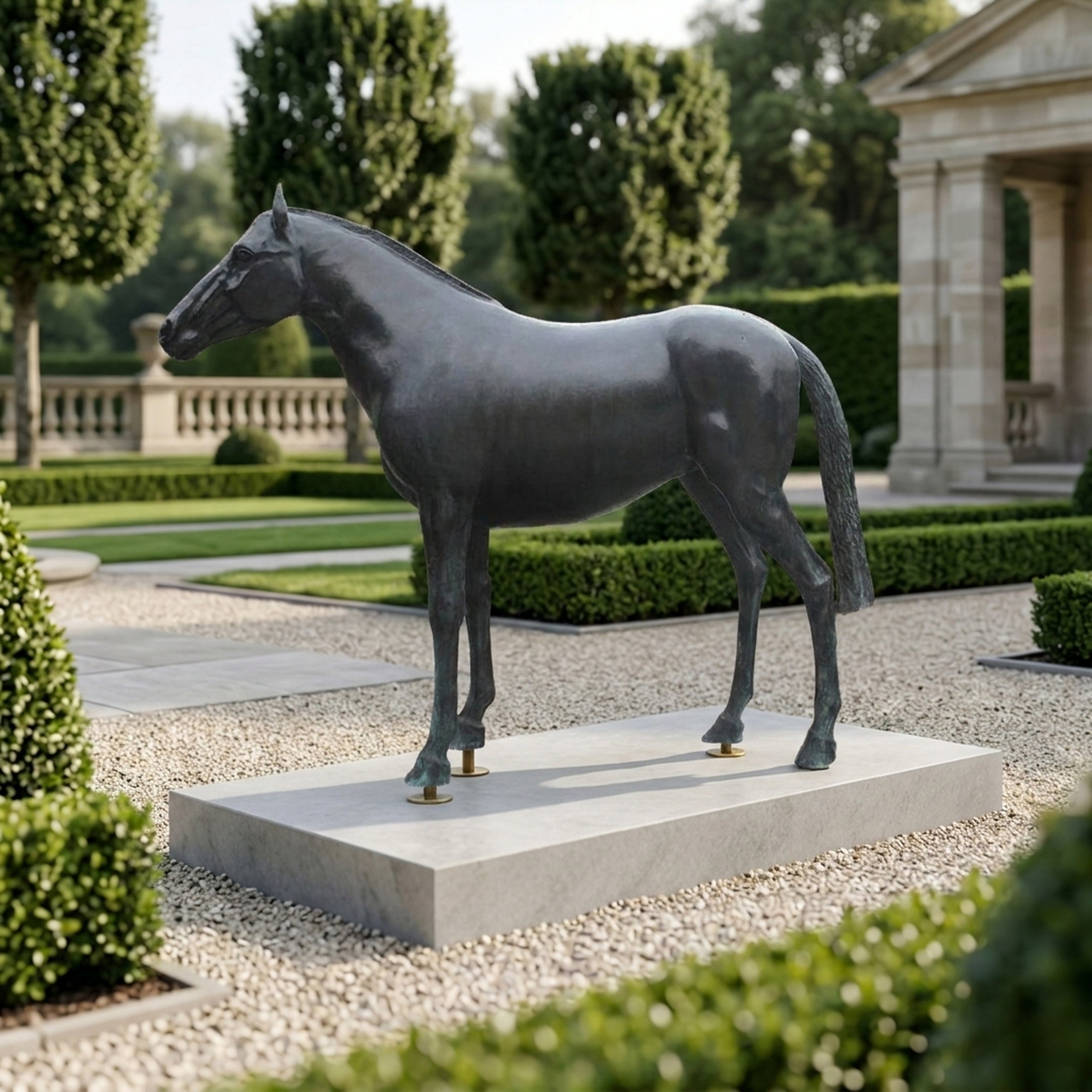 Life-Size Traditional Standing Horse Bronze Sculpture by Giant Sculptures with dark patina, displayed on a pale stone plinth in a formal hedged garden.