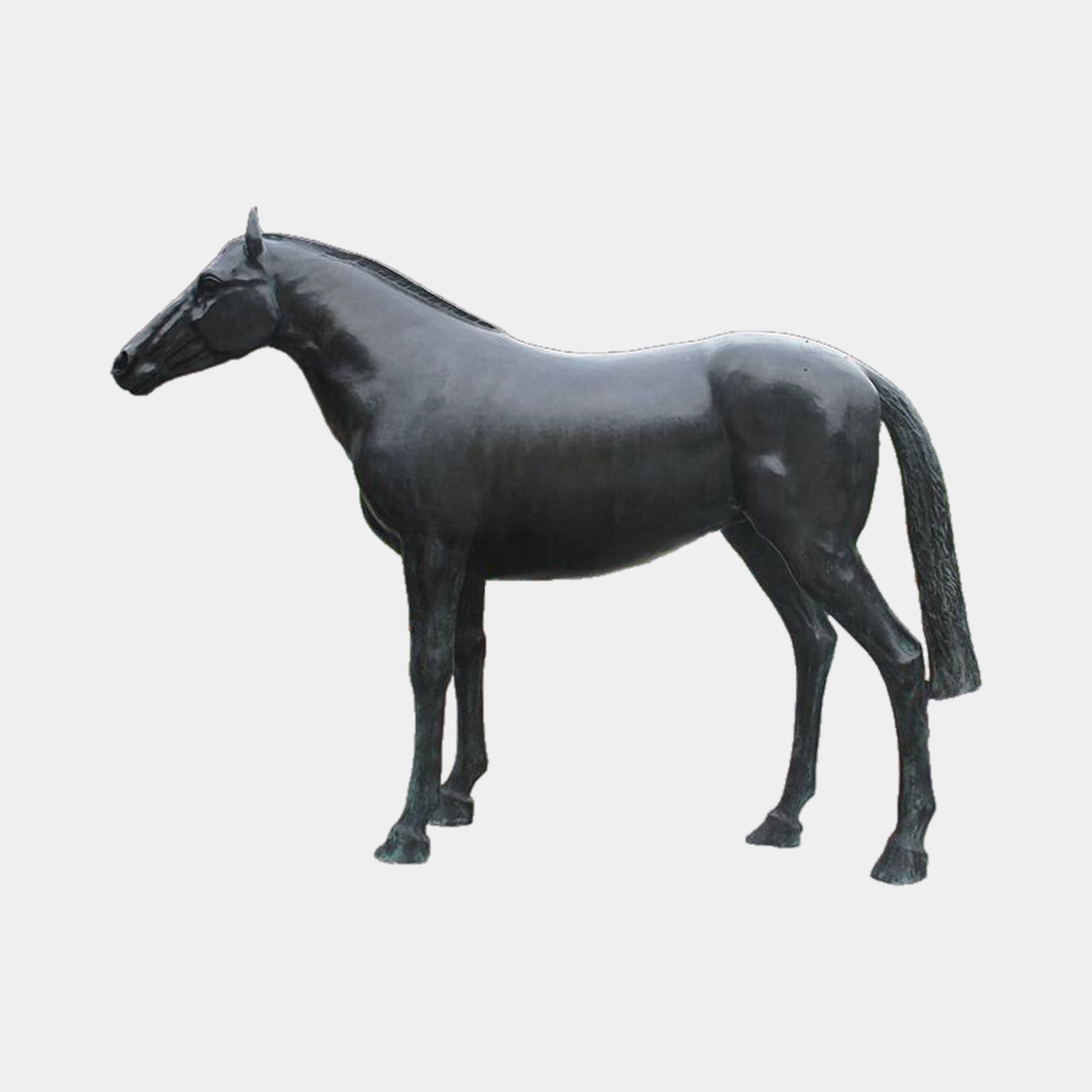 Giant Sculptures' Life-Size Traditional Standing Horse Bronze Sculpture at 180cm, side view with lowered head and dark patina warming to verdigris on the lower legs.
