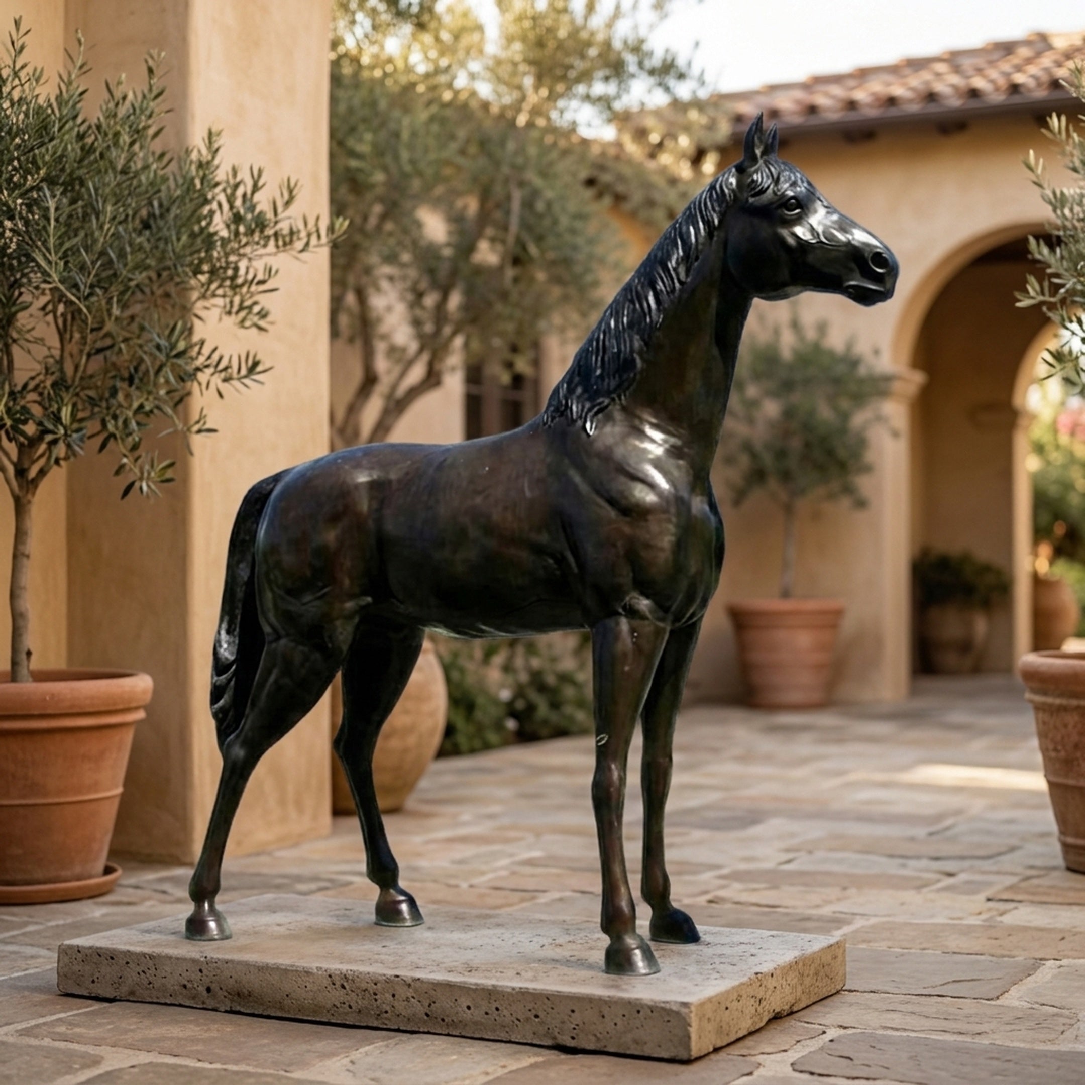 Life-Size Traditional Standing Horse Bronze Sculpture by Giant Sculptures with dark patina on a stone slab base, displayed in a Mediterranean courtyard with olive trees.