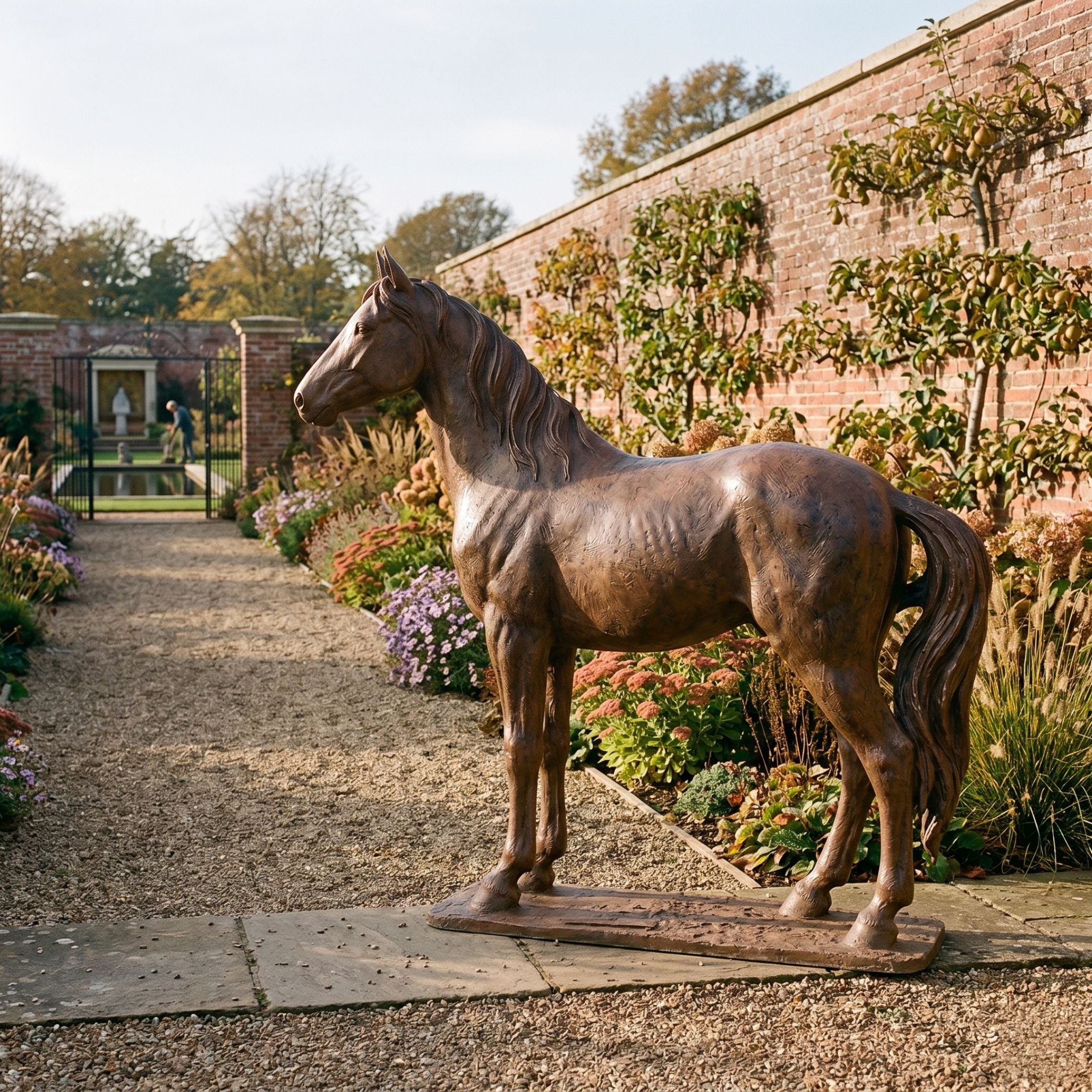 Life-Size Traditional Standing Horse Bronze Sculpture in reddish-brown patina by Giant Sculptures, displayed on a gravel path in a walled garden with autumn borders.