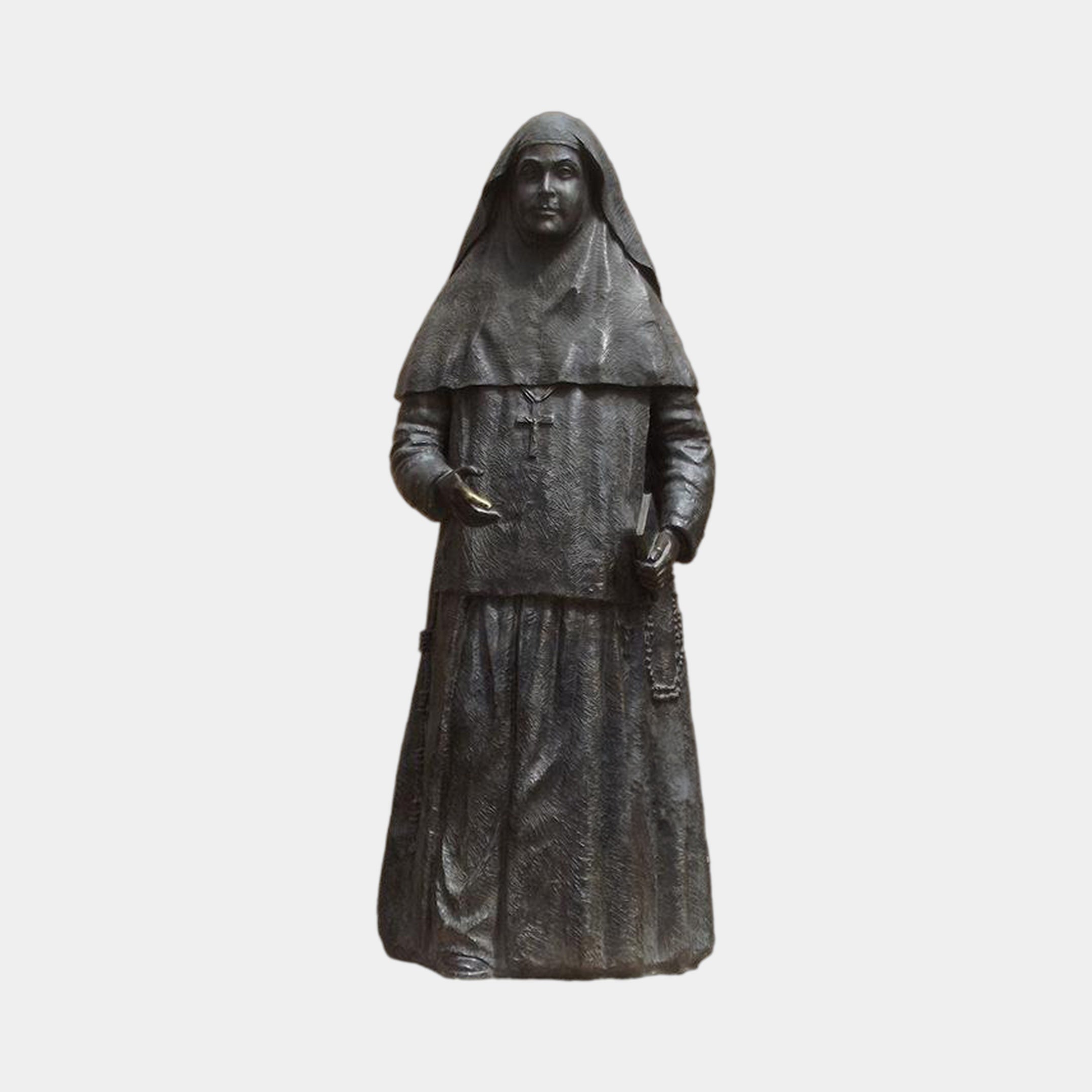 Life-Size Traditional Standing Nun Bronze Statue by Giant Sculptures, 250cm dark-patina figure in habit and veil holding a book, shown on a plain background.