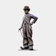 Life-Size Traditional Standing Tramp Figure Bronze Statue by Giant Sculptures, 190cm, shown with bowler hat, cane, and dark patinated finish on a plain background.