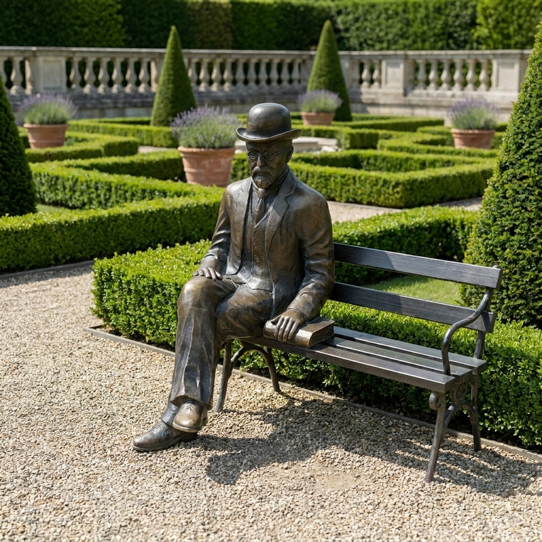 Life-Size Traditional Suited Man on Bench Bronze Sculpture by Giant Sculptures, seated figure in bowler hat with book, set on gravel in a formal garden.