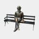 Giant Sculptures Life-Size Traditional Suited Man on Bench Bronze Sculpture 130cm, seated gentleman in bowler hat on black slatted bench, plain background.