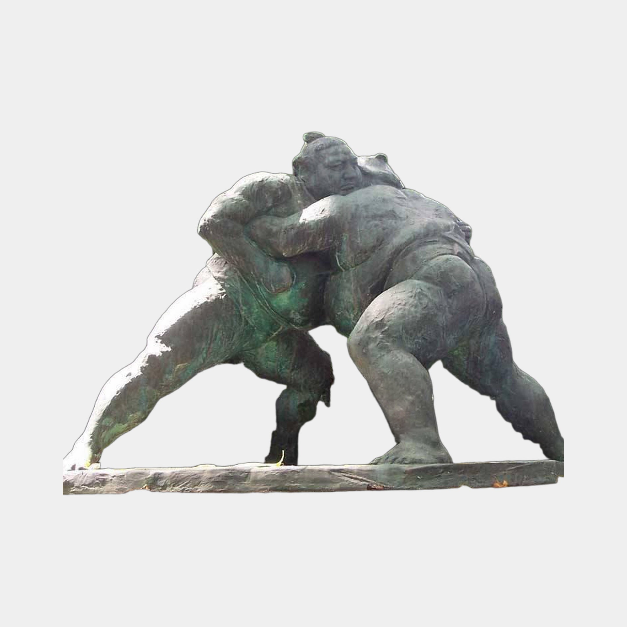 Life-Size Traditional Sumo Wrestlers Bronze Sculpture by Giant Sculptures, 200cm, two grappling figures with green verdigris patina on a flat plinth.