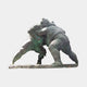 Life-Size Traditional Sumo Wrestlers Bronze Sculpture by Giant Sculptures, 200cm, two grappling figures with green verdigris patina on a flat plinth.
