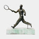Life-Size Traditional Tennis Player Bronze Statue by Giant Sculptures shown mid-stride in a forehand swing on an engraved Henri Cochet marble plinth.