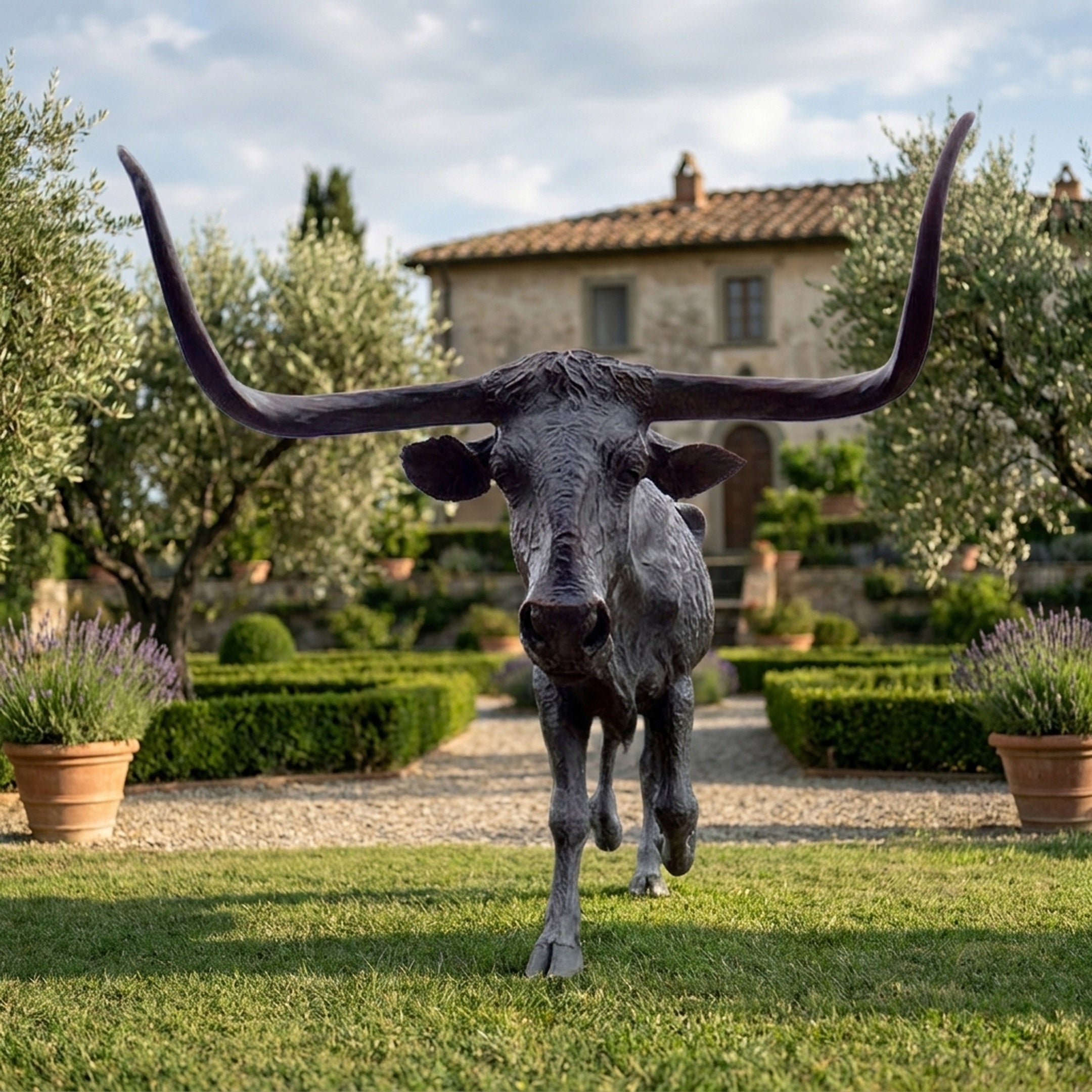 Life-Size Traditional Texas Longhorn Bull Bronze Sculpture by Giant Sculptures shown front-on with wide horns, set on a lawn before a Tuscan villa garden.