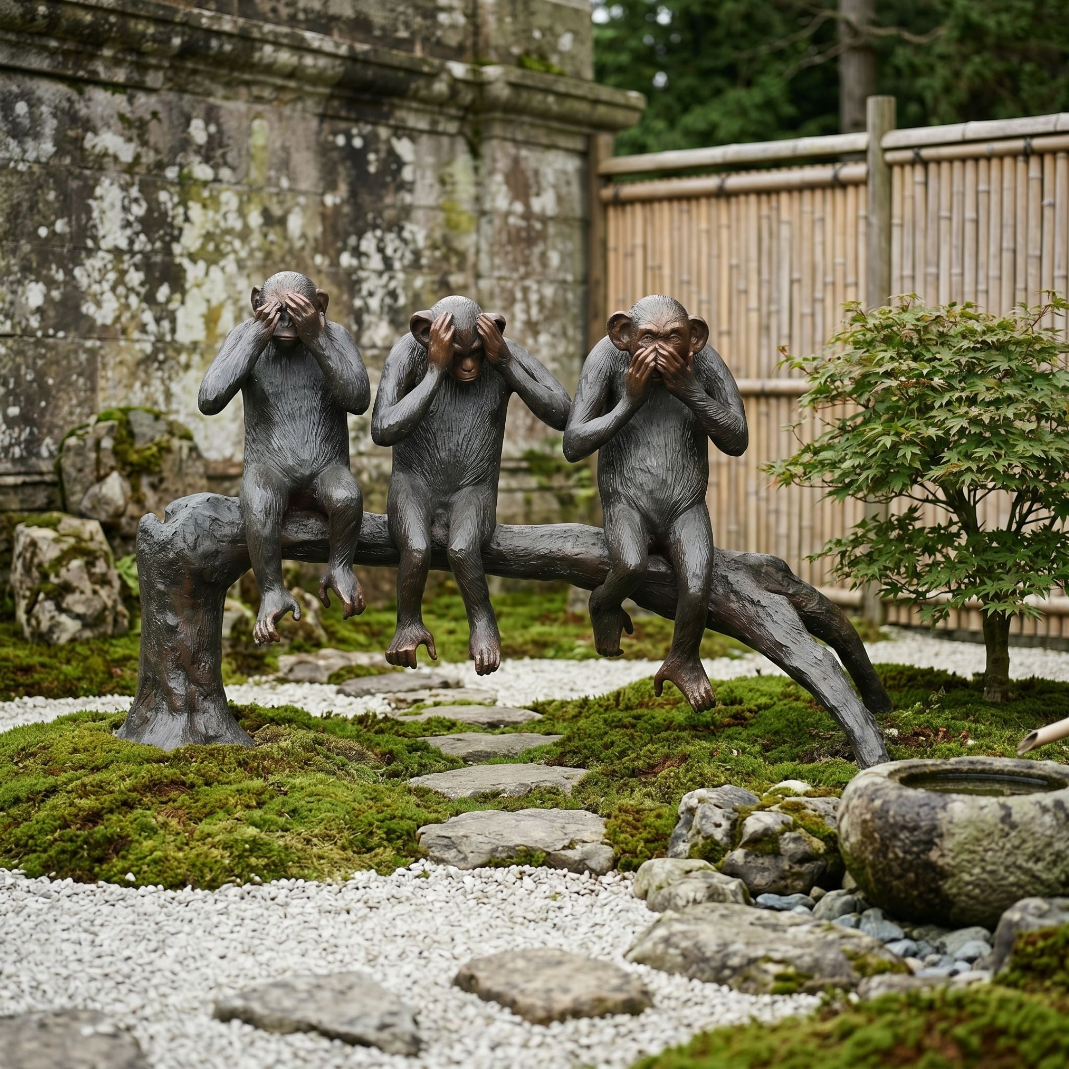 Life-Size Traditional Three Wise Monkeys Bronze Sculpture by Giant Sculptures, dark patina figures on a log in a Japanese moss garden with bamboo fence and maple.