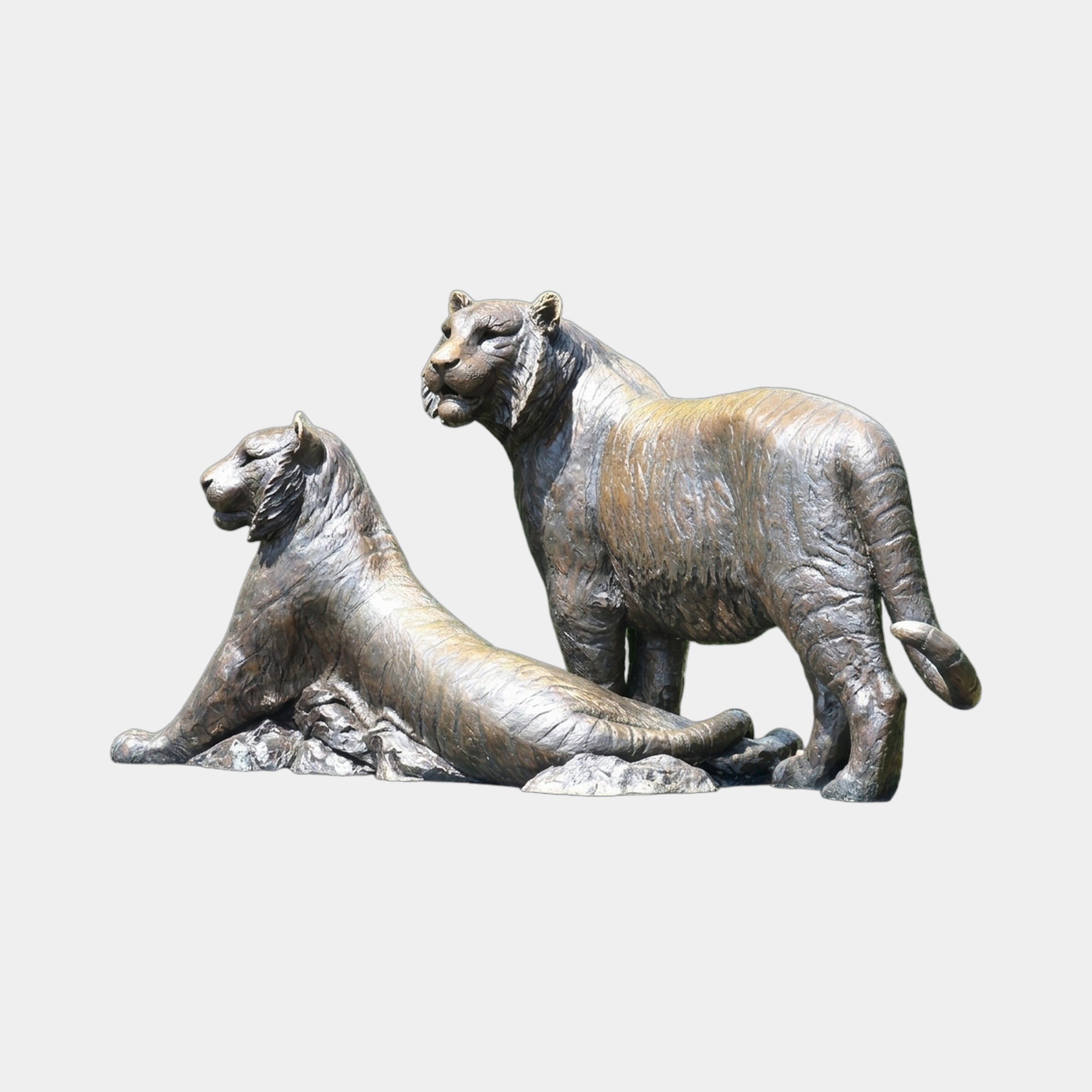 Life-Size Traditional Tiger Pair Bronze Sculpture by Giant Sculptures, showing one reclining and one standing tiger with warm brown patina on a shared base.