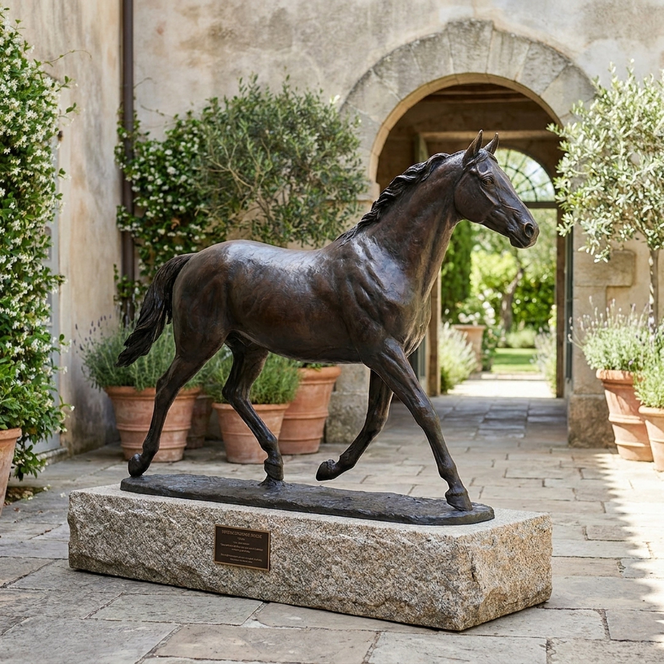 Life-Size Traditional Trotting Horse Bronze Sculpture by Giant Sculptures, dark brown patina, mid-stride pose on a granite plinth in a stone courtyard.