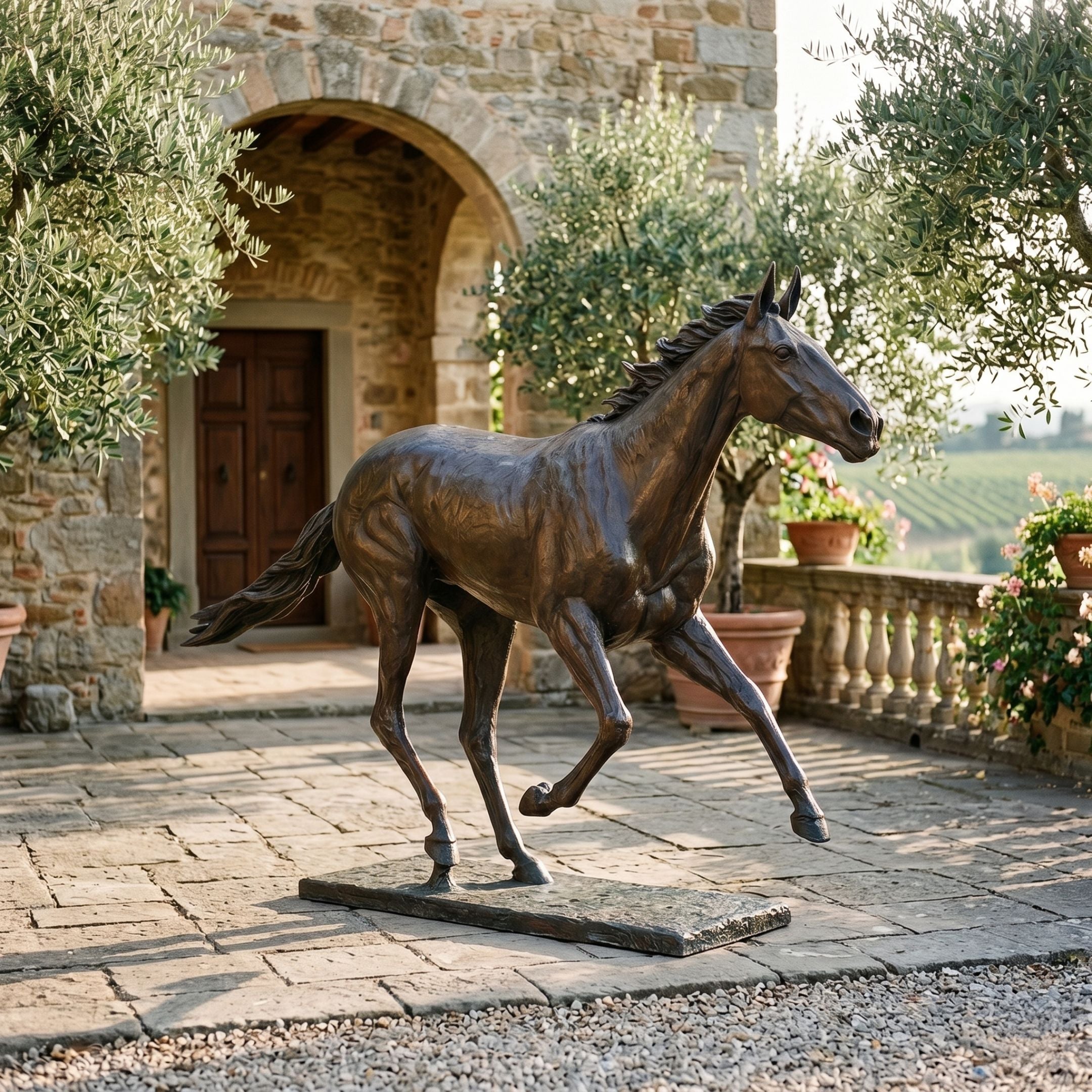 Life-Size Traditional Trotting Horse Bronze Sculpture by Giant Sculptures, shown mid-stride with dark brown patina on a stone plinth in a Tuscan courtyard.