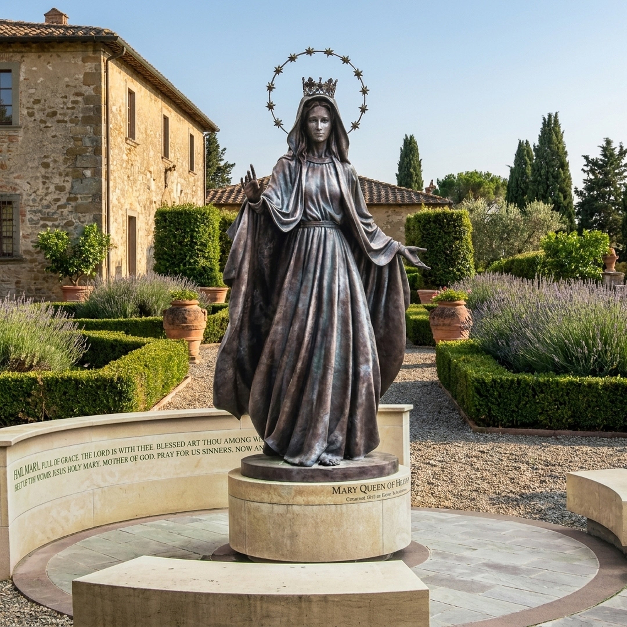 Life-Size Traditional Virgin Mary Queen of Heaven Bronze Statue by Giant Sculptures, crowned with a star halo, displayed on a plinth in a lavender garden.