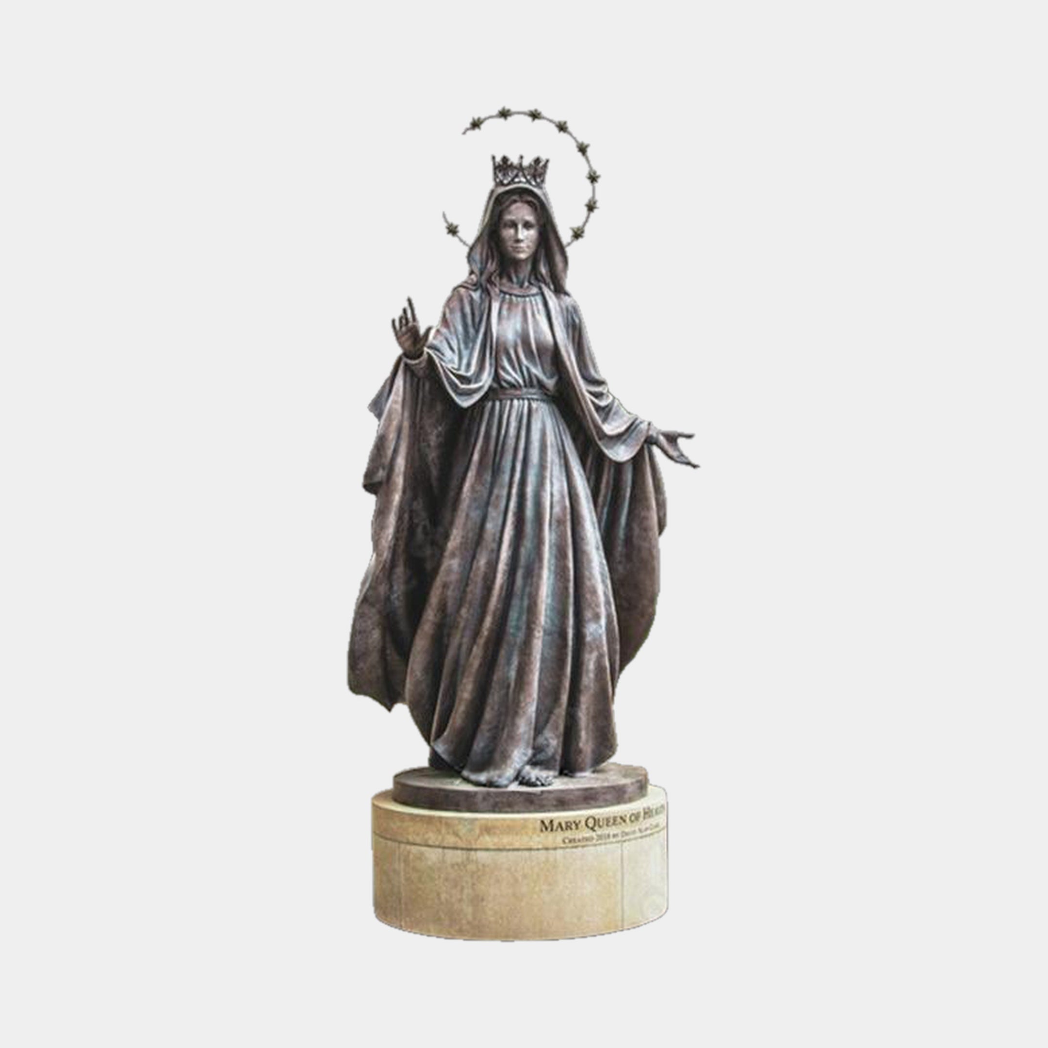 Giant Sculptures Life-Size Virgin Mary Queen of Heaven bronze statue, 280cm, with crown and star halo, arms extended, on a stone-toned plinth.