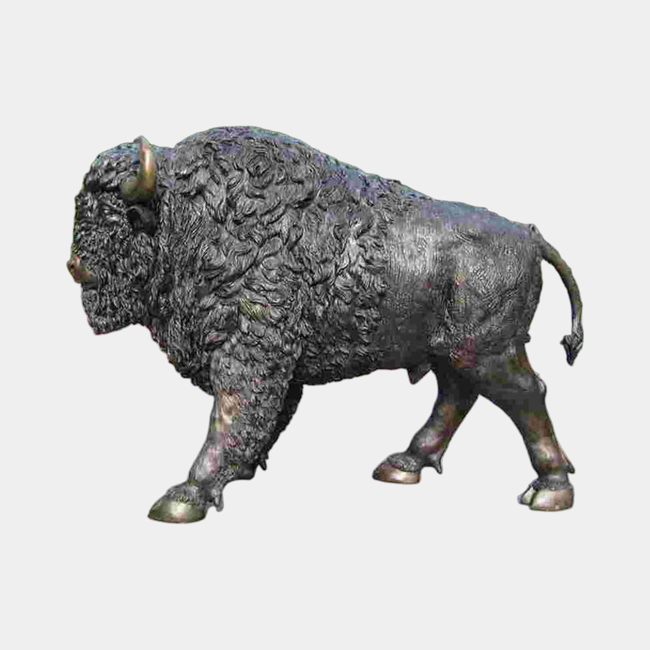 Life-Size Traditional Walking Bison Bronze Sculpture by Giant Sculptures in side view, dark patina with golden-bronze horn tips and hooves, on a plain background.
