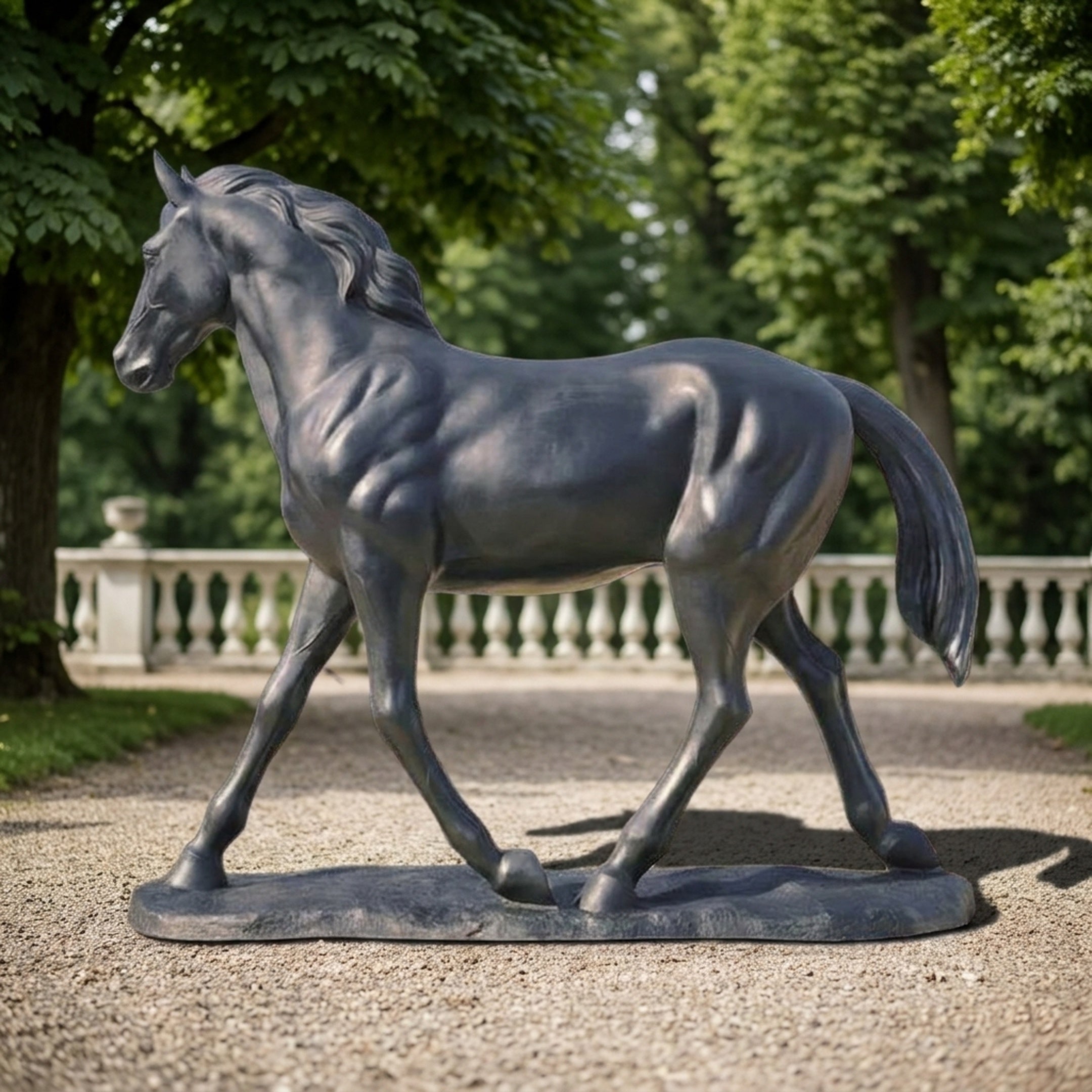 Life-Size Traditional Walking Horse Bronze Sculpture by Giant Sculptures shown in mid-stride side profile with dark patina, displayed on a gravel path by a balustrade.