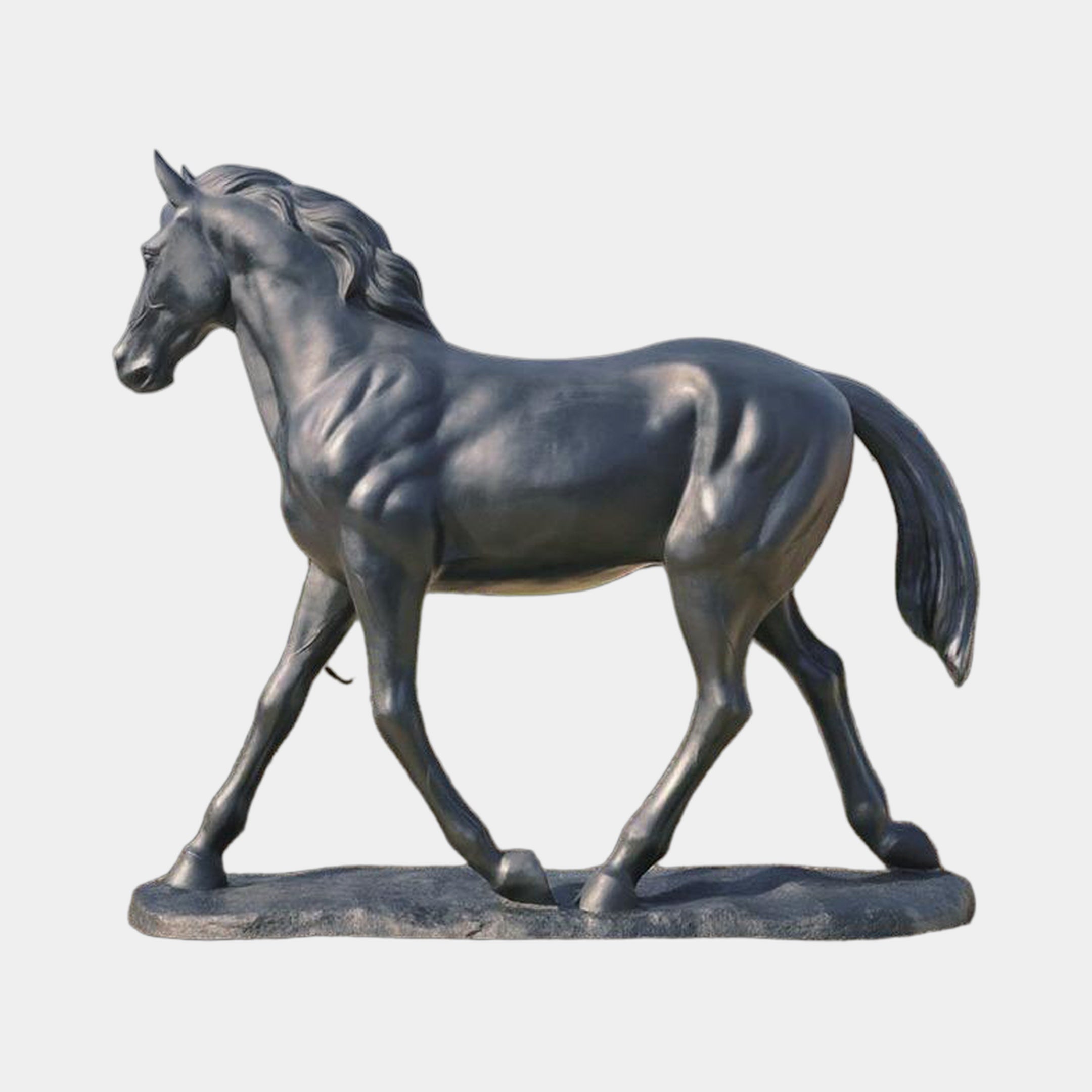 Giant Sculptures' 180cm Life-Size Traditional Walking Horse Bronze Sculpture in dark near-black patina, shown side-on mid-stride on an oval base against a pale background.