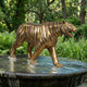 Life-Size Traditional Walking Tiger Bronze Fountain by Giant Sculptures in mid-stride on a circular water basin, with gold and black striped polychrome finish, set in a garden.