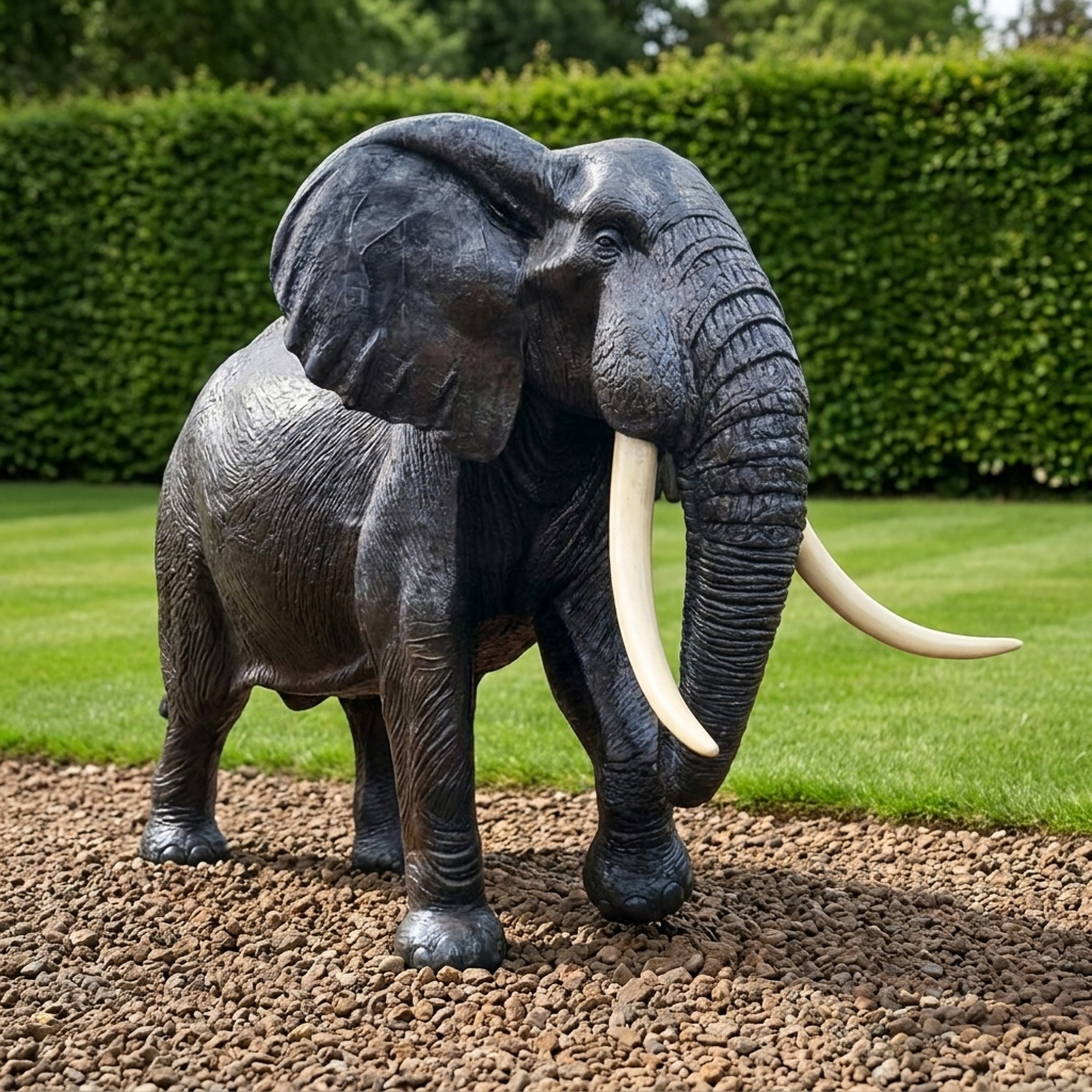 Life-Size Walking African Elephant Bronze Sculpture by Giant Sculptures shown mid-stride with spread ears and pale tusks on gravel beside a hedged lawn.