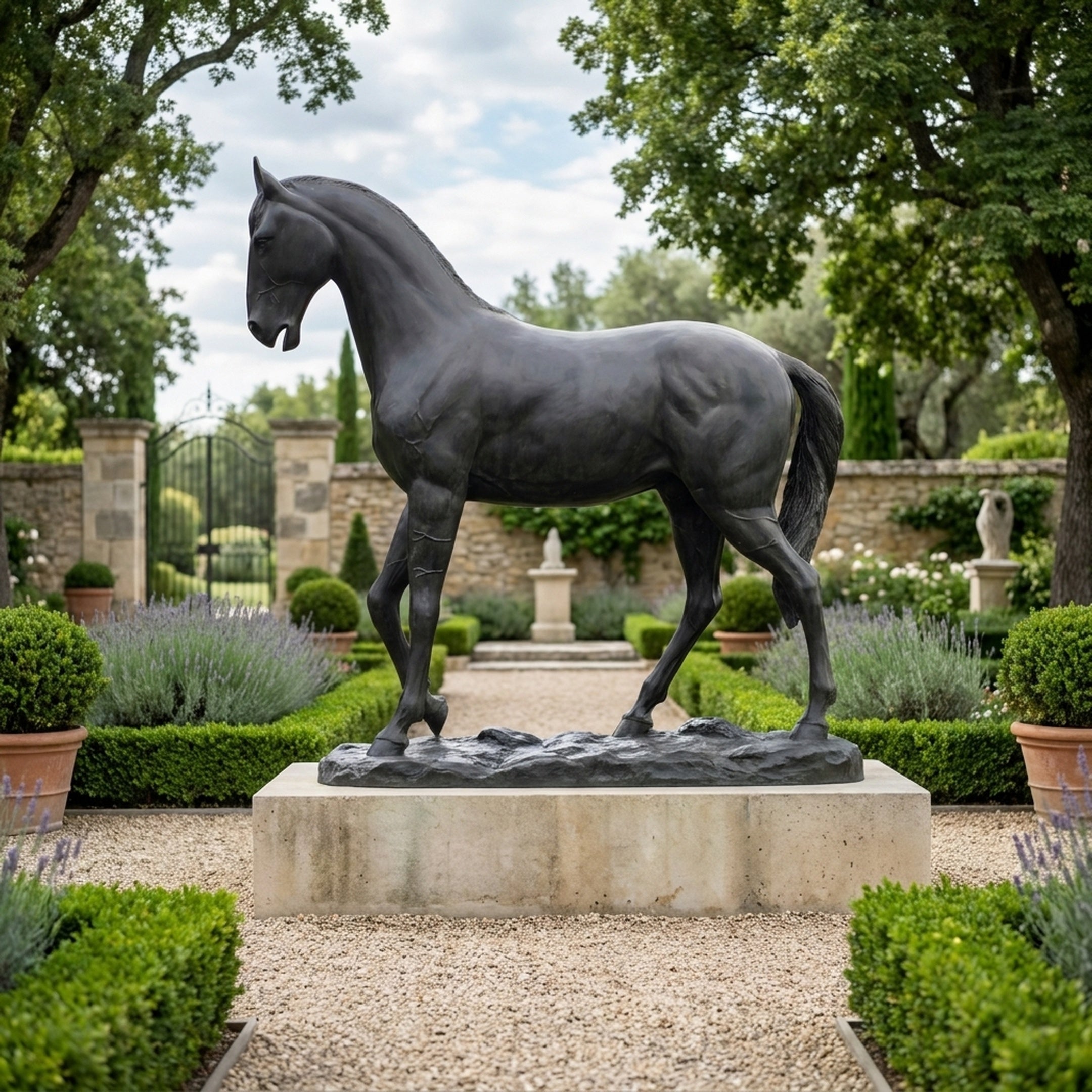 Life-Size Walking Horse Bronze Sculpture by Giant Sculptures in dark patina, foreleg raised on a rocky base atop a stone plinth in a lavender garden.