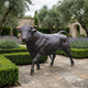Life-Size Walking Longhorn Bull Bronze Sculpture by Giant Sculptures with dark patina, displayed on a stone courtyard among lavender, boxwood, and olive trees.