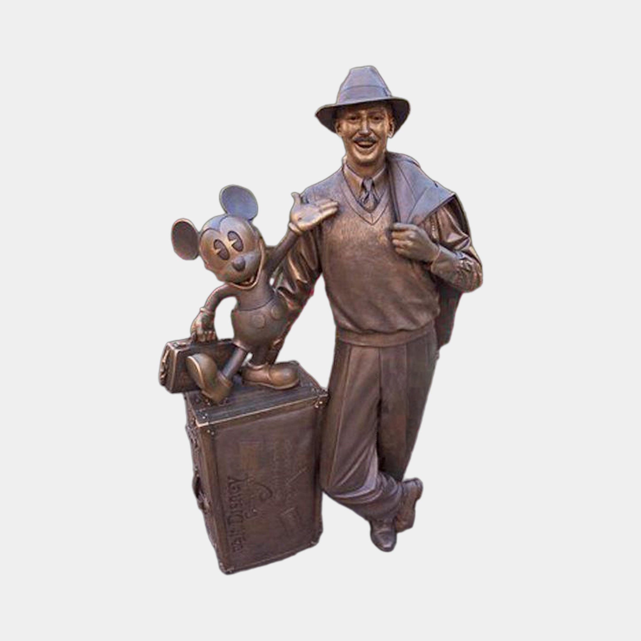 Life-Size Welcoming Man and Cartoon Mouse Bronze Sculpture by Giant Sculptures, 220cm, showing a fedora-wearing man with jacket over shoulder beside a mouse on a trunk.