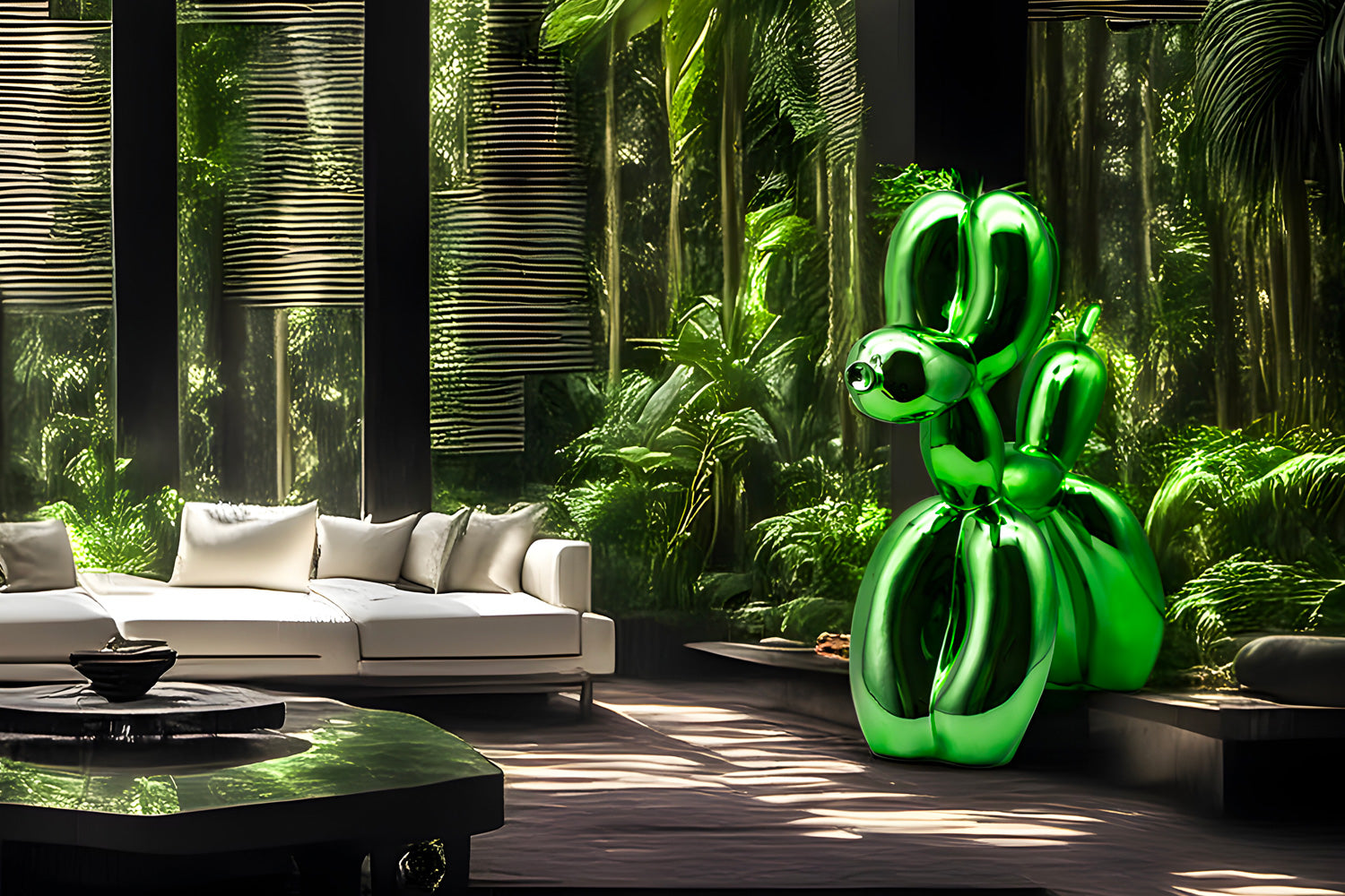 A shiny, emerald green dog sculpture situated in a sophisticated, plant-filled modern interior, next to a plush, white sofa.