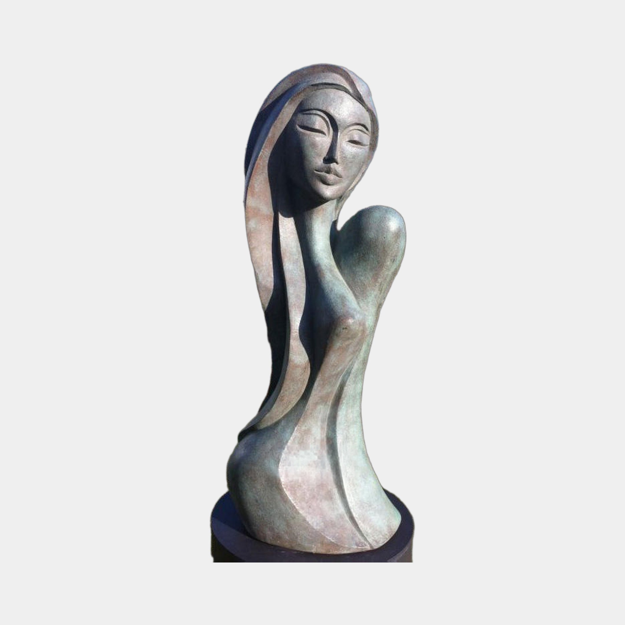 Modern Elongated Female Bust Bronze Sculpture by Giant Sculptures, 150cm, with verdigris and warm brown patina, downcast eyes and flowing hair, on a plain background.