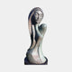 Modern Elongated Female Bust Bronze Sculpture by Giant Sculptures, 150cm, with verdigris and warm brown patina, downcast eyes and flowing hair, on a plain background.