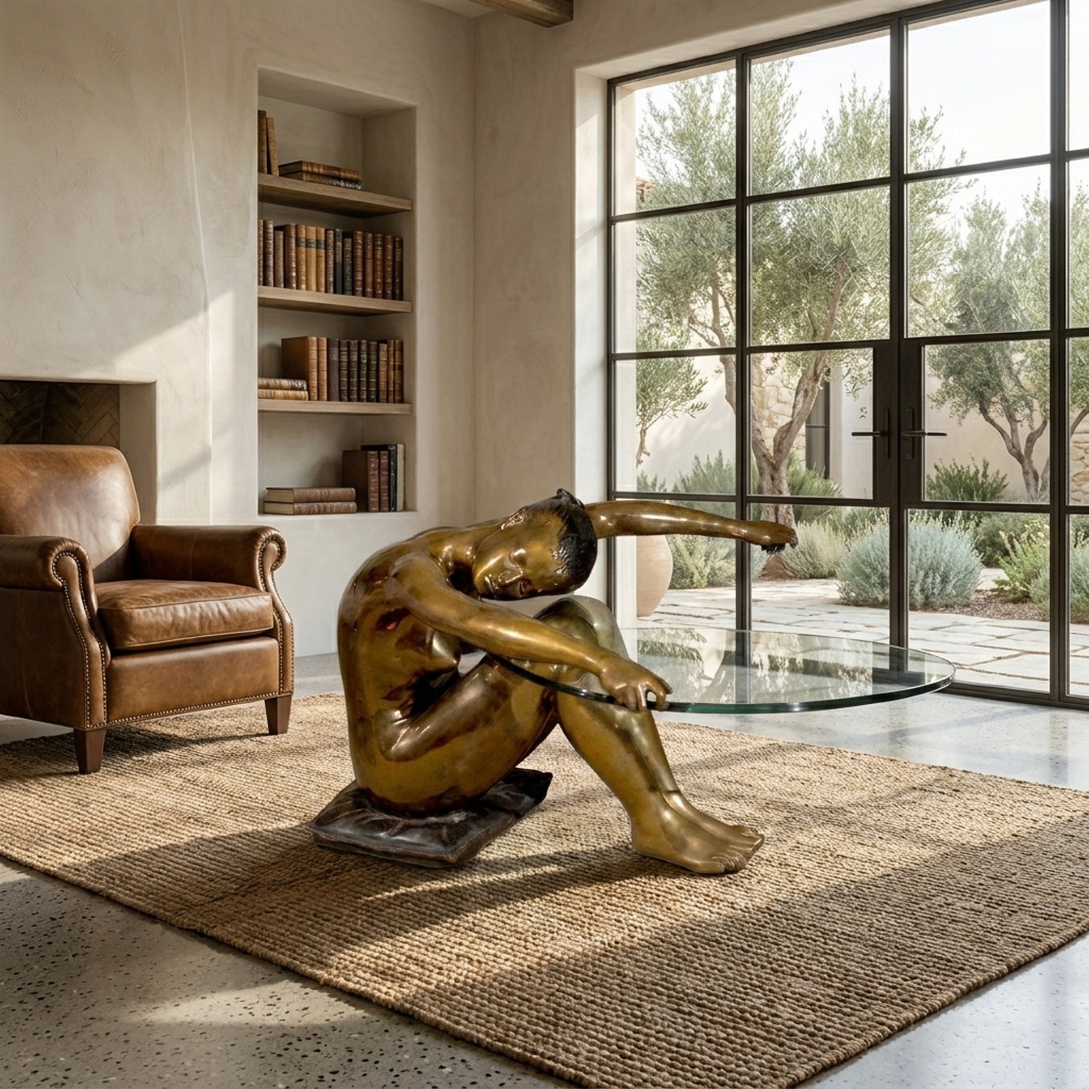 Modern Seated Nude Female Figure Bronze Sculpture by Giant Sculptures used as a coffee table base with oval glass top in a sunlit room with leather armchair.
