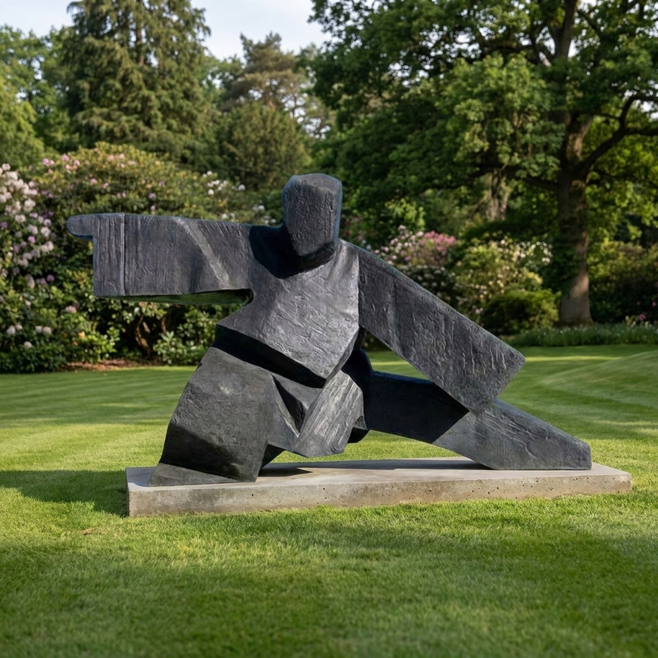 Monumental Abstract Martial Arts Figure Bronze Sculpture by Giant Sculptures in charcoal patina, lunging pose on a concrete plinth in a garden lawn setting.