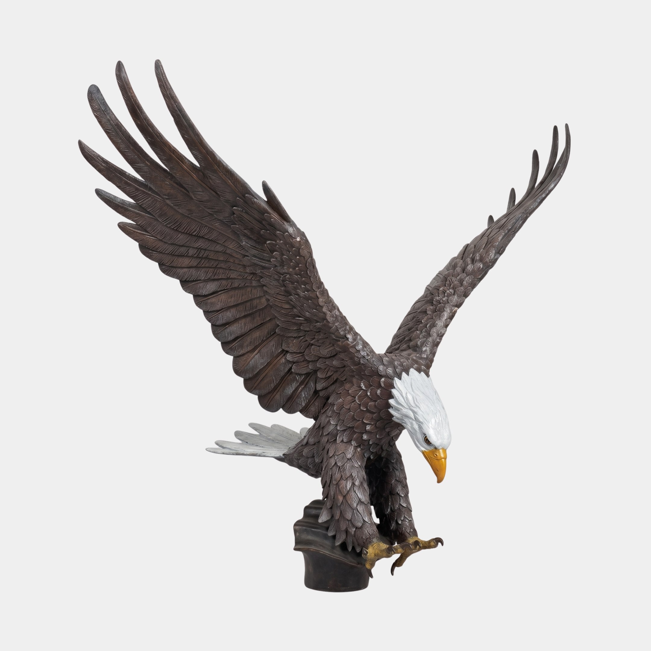 Monumental Bald Eagle Bronze Sculpture by Giant Sculptures, 220cm, wings raised mid-landing with white head, yellow beak, and gold talons on a rounded base.