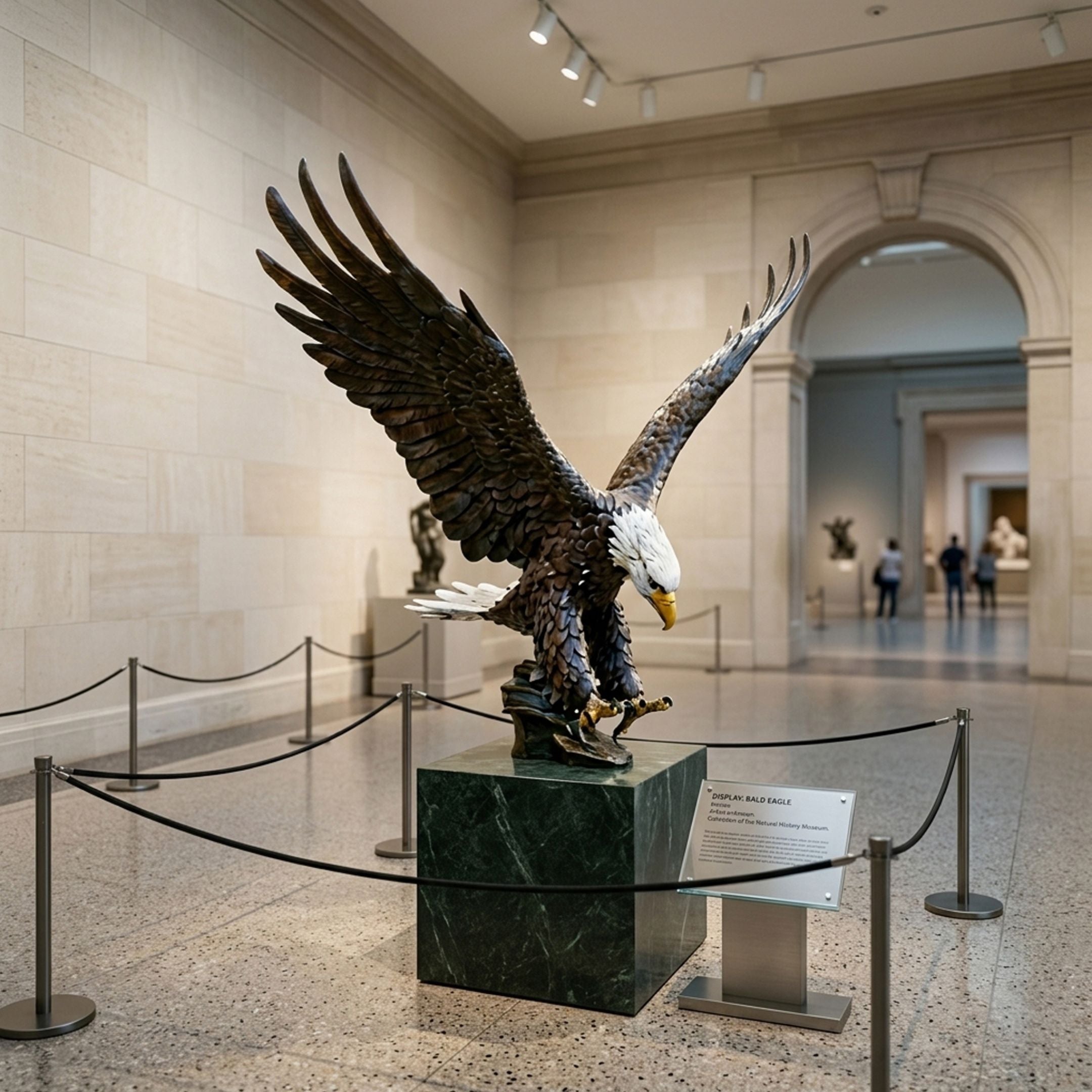 Monumental Bald Eagle Bronze Sculpture by Giant Sculptures, 220cm, wings spread in landing pose on a green marble plinth inside a museum gallery.