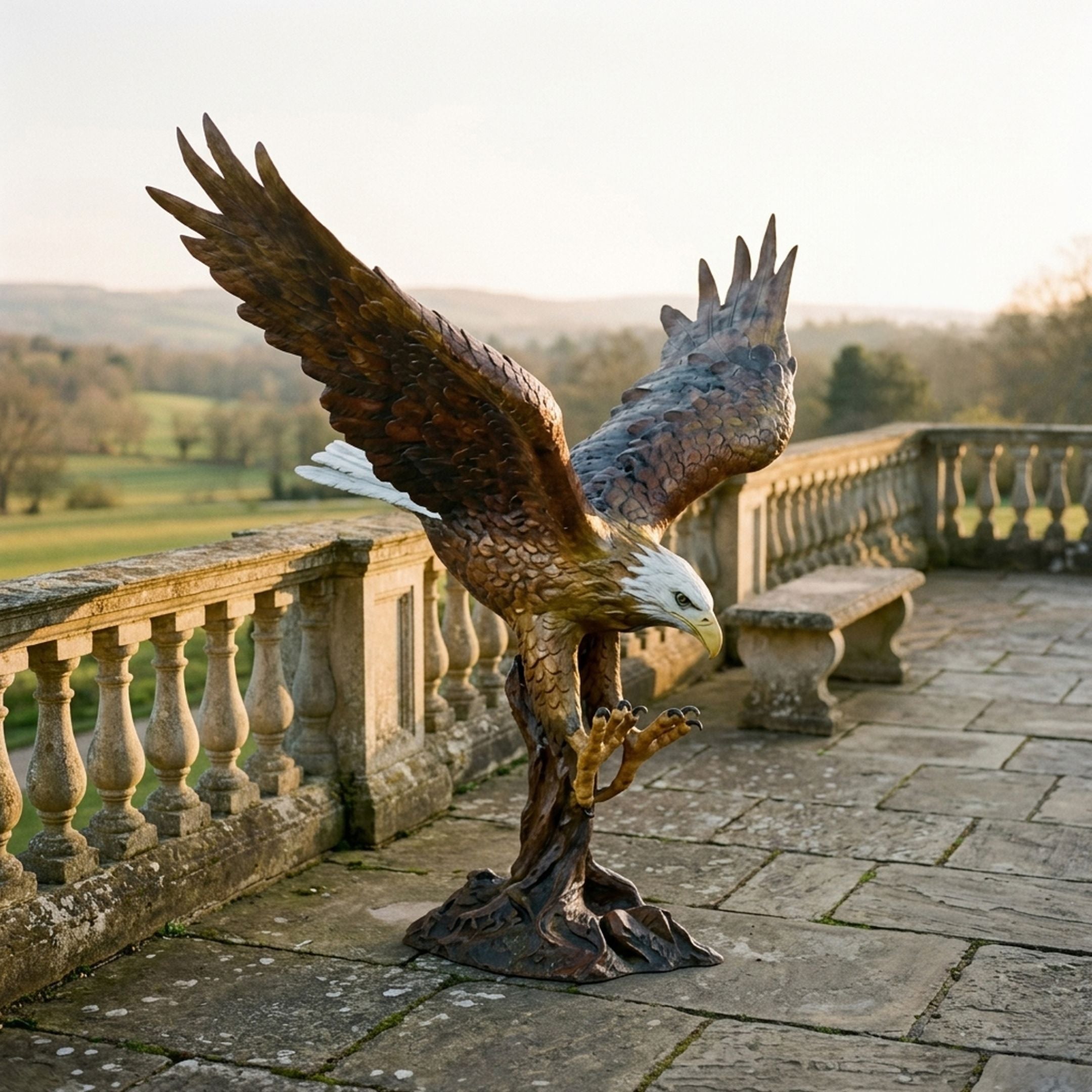 Monumental Bald Eagle Landing Bronze Sculpture by Giant Sculptures, wings raised and talons spread on a branch base, displayed on a stone balustraded terrace.
