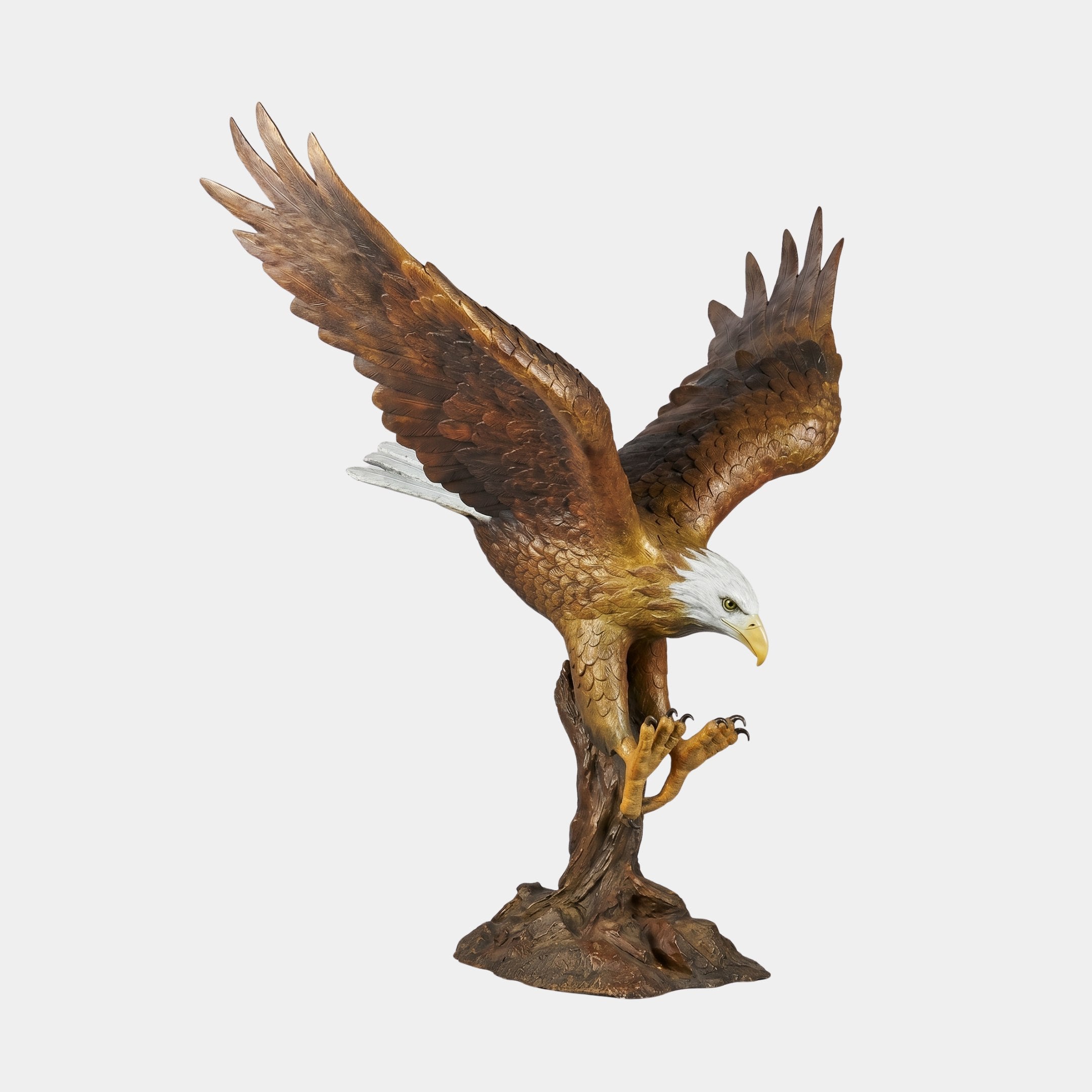 Giant Sculptures Monumental Bald Eagle Landing Bronze Sculpture 240cm, wings raised mid-landing on a branch base, polychrome brown, white and gold finish.