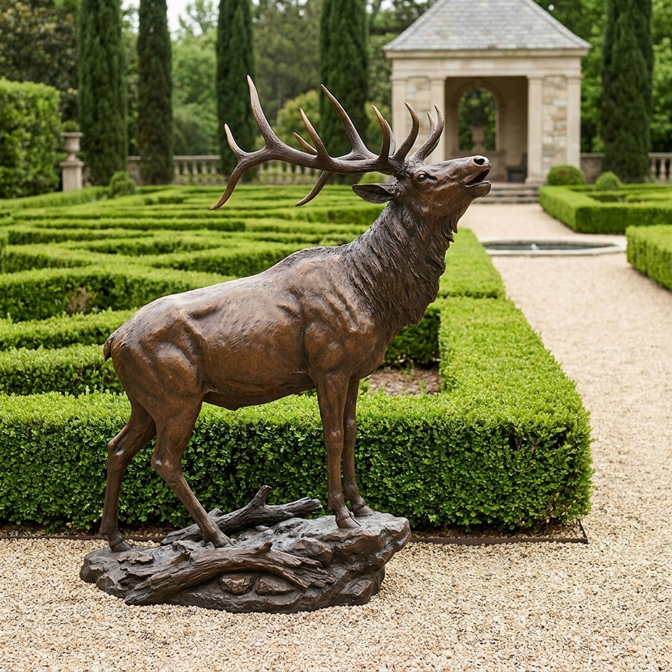 Monumental Bugling Bull Elk Bronze Sculpture by Giant Sculptures, head raised mid-call with wide antlers, warm brown patina, on a rocky base in a formal hedged garden.